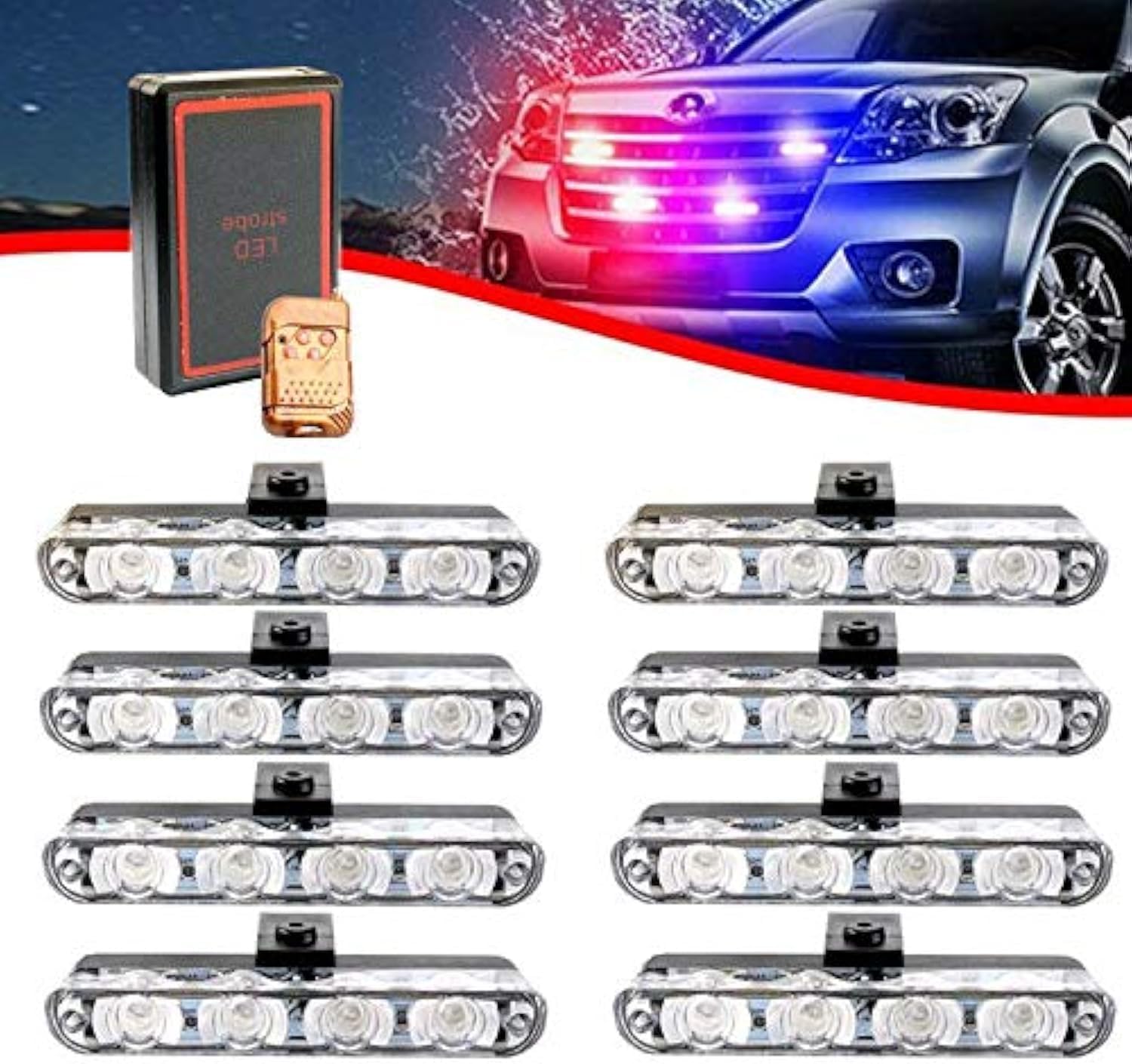 Car 8 in 1 32 LED Red Blue Police Strobe Flashing Light Dash Emergency Warning Lamp 12V