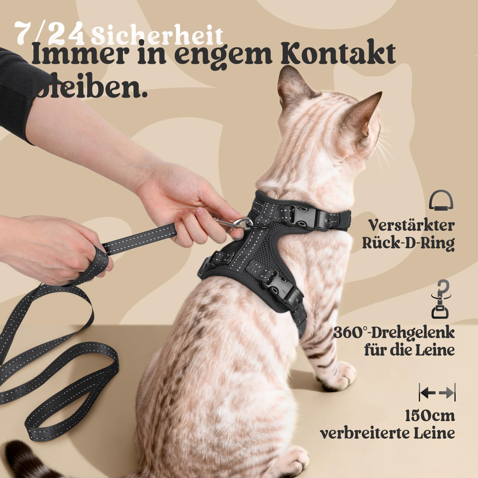rabbitgoo Katzengeschirr mit Leine mit Hals-Klickverschluss, S, Schwarz | Kein Über-Kopf-Ziehen, Ausbruchsicher, Verriegelte Schnallen, Weiches Air-Mesh, Reflektierend, für Ausgewachsene Katzen
