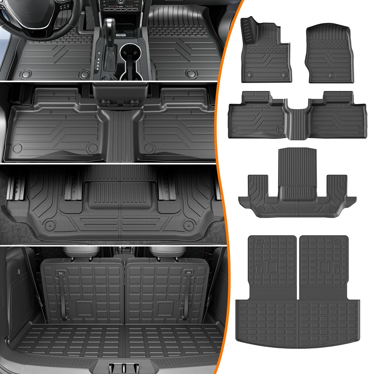powoq 6 Seats Floor Mat Compatible with 2020-2026 Ford Explorer Cargo Mat Floor Liner TPE Back Seat Protector Trunk Cargo Liner Replacement for 2020-2026 Ford Explorer Accessories Trunk Backrest Mat+Floor Mat