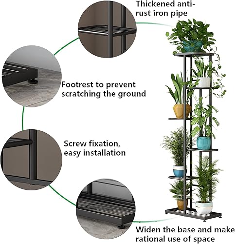 Miniatura 5 de LINZINAR Soporte para plantas de metal para interiores y exteriores, 6 niveles, 7 macetas, estante múltiple para macetas, estante para patio,