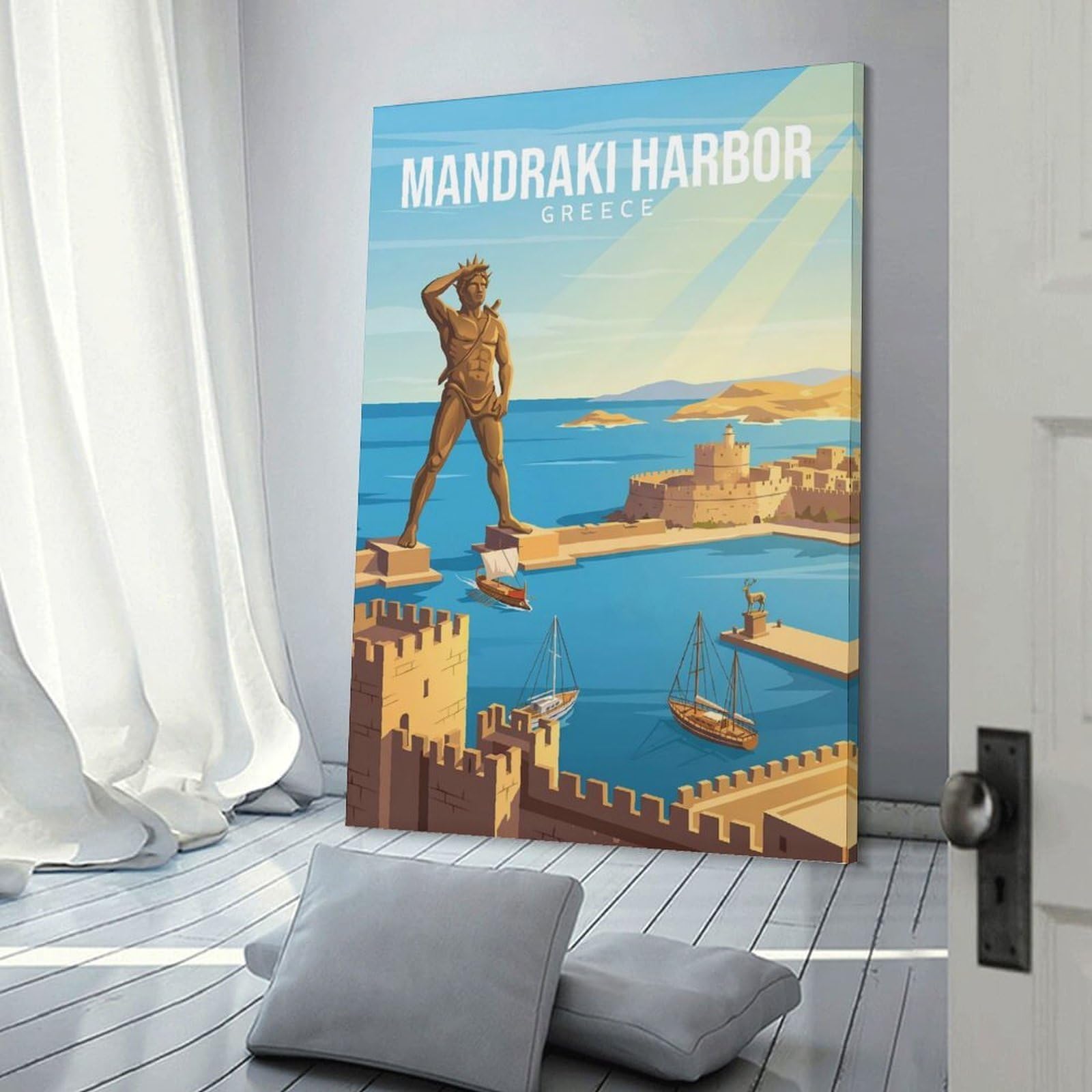 Junmoney Mandraki Harbor Greece Wall Art Print 24x36inch(60x90cm), for Hallway, Entryway Or Landing, A Neat Decor Update for Hallways, for Everyday Interiors
