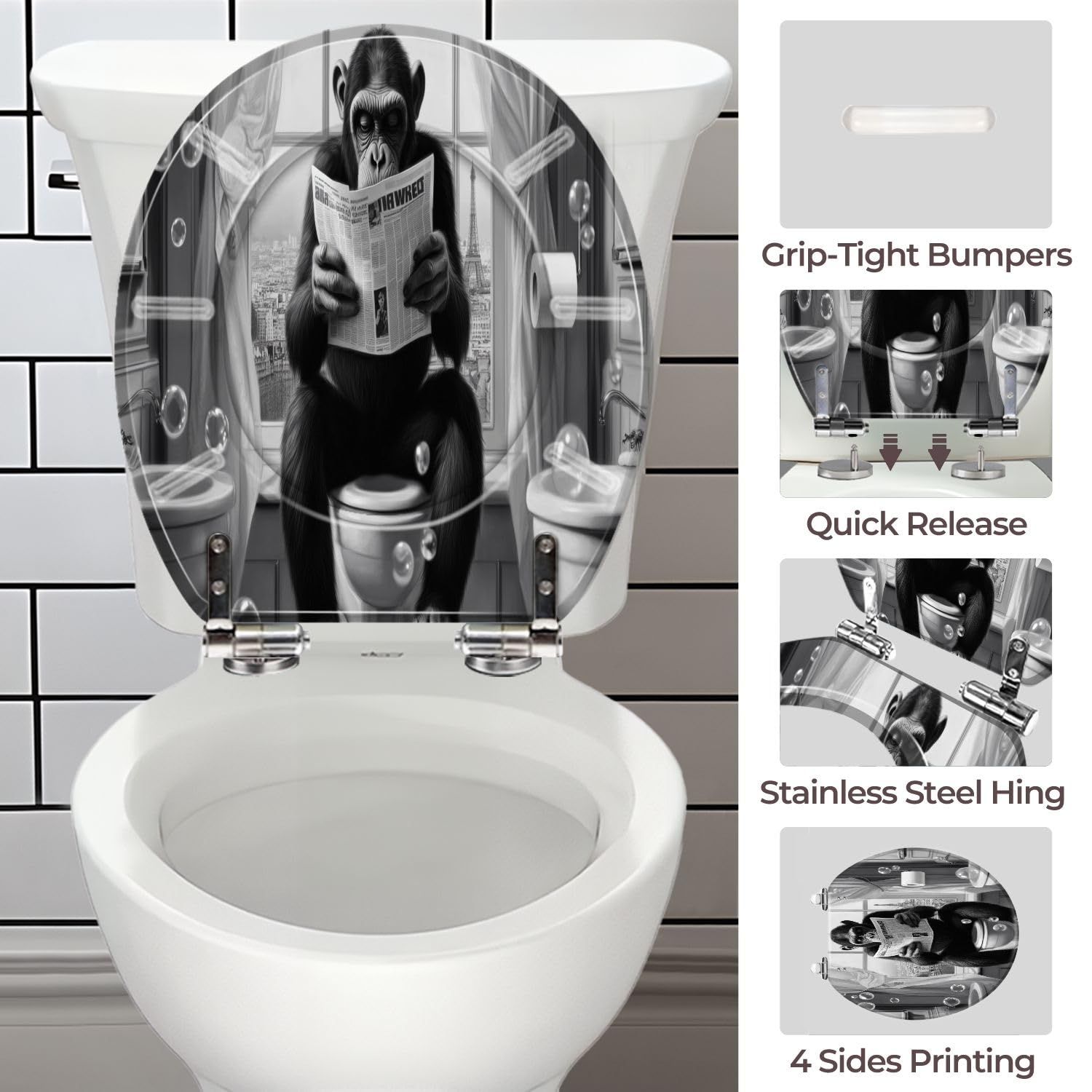 Asiento de inodoro decorativo con bisagras de liberación rápida para baño.