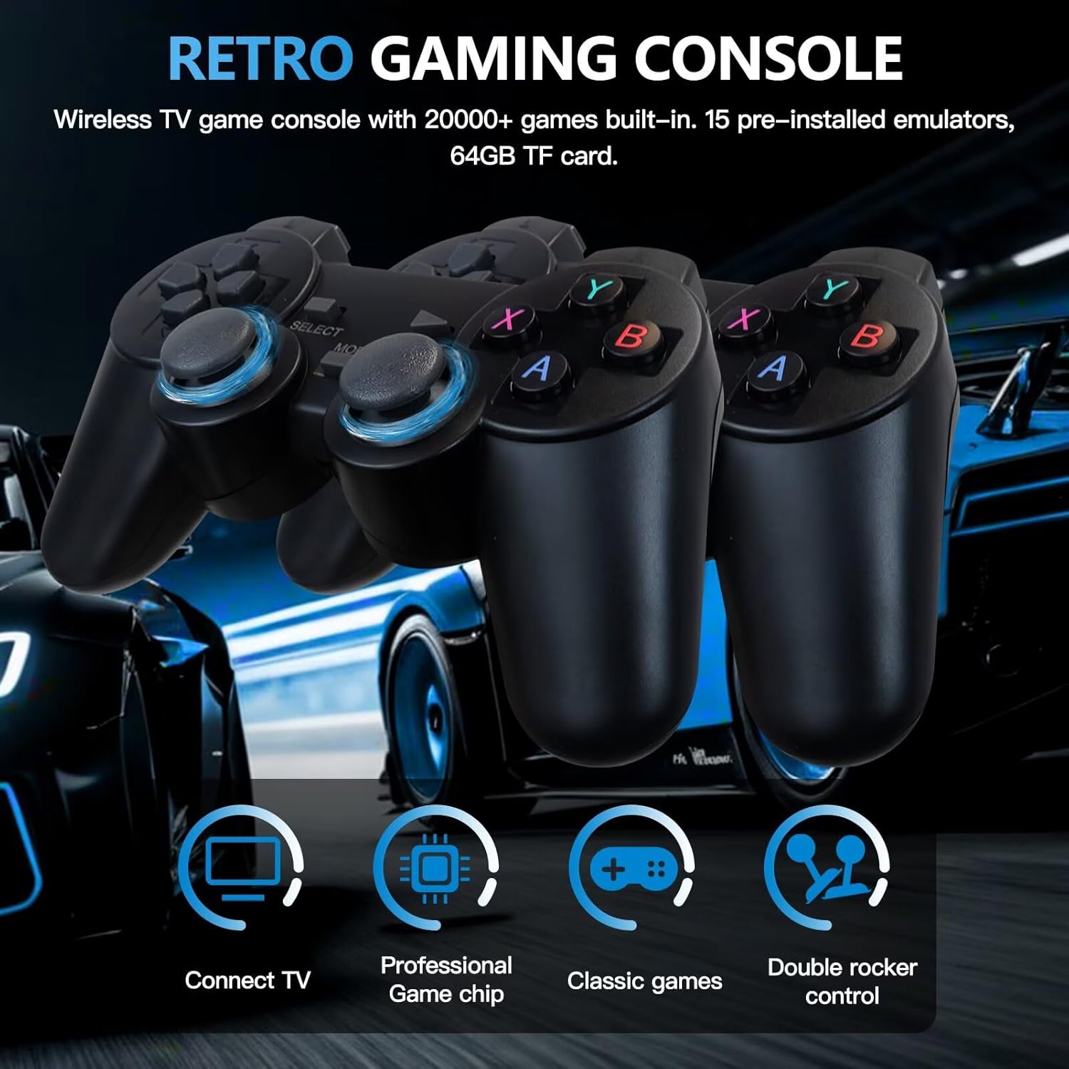 USonline911 Wireless Retro Gaming Console, Nostalgia Stick Game with 15 Built-in Emulators, Plug Play TV Video Gaming Stick with 20000+ Games, 2.4G Wireless Controllers