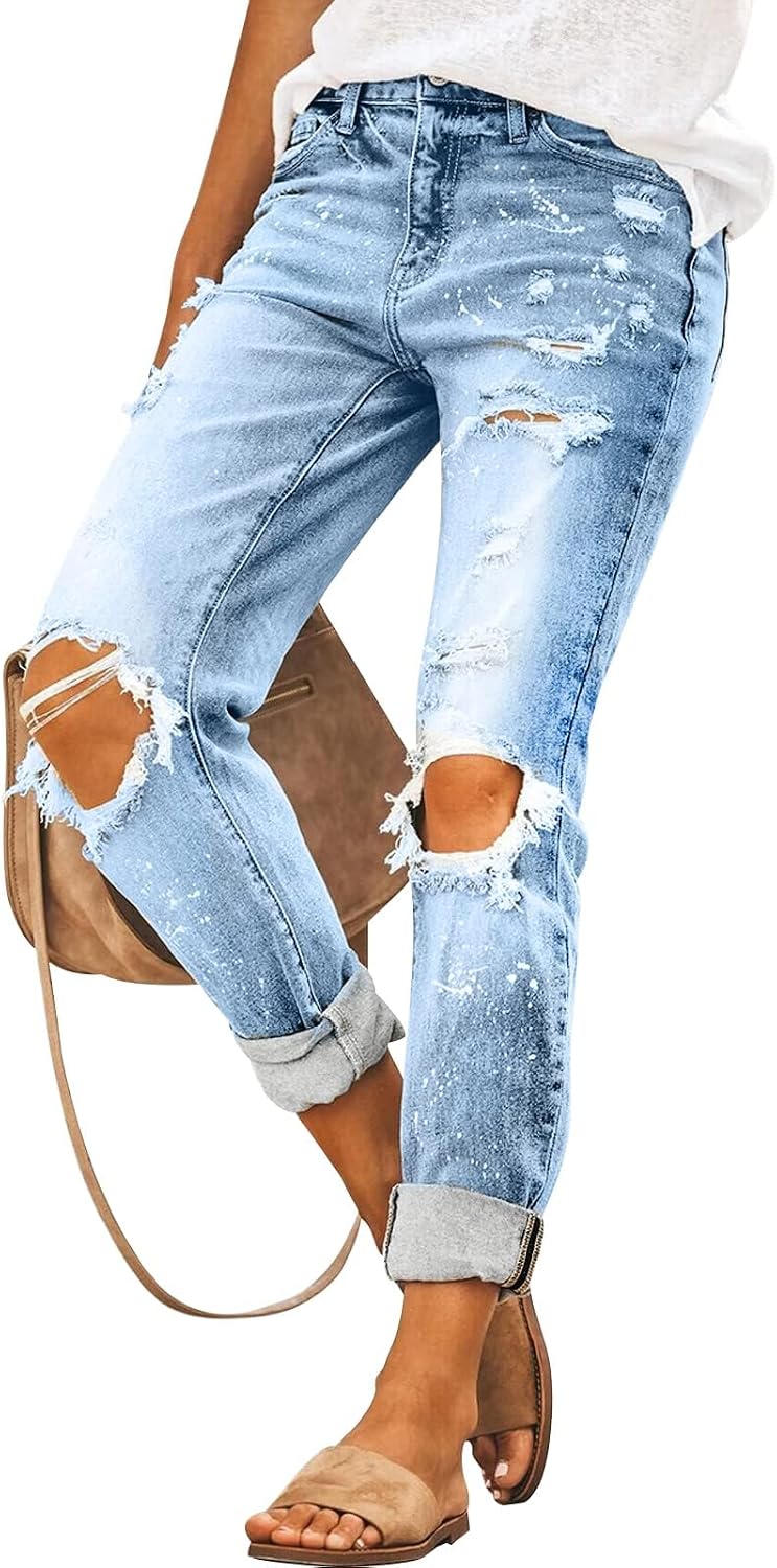 KUNMI Women's Ripped Mid Waisted Boyfriend Jeans Loose Fit Distressed Stretchy Denim Pants image 4