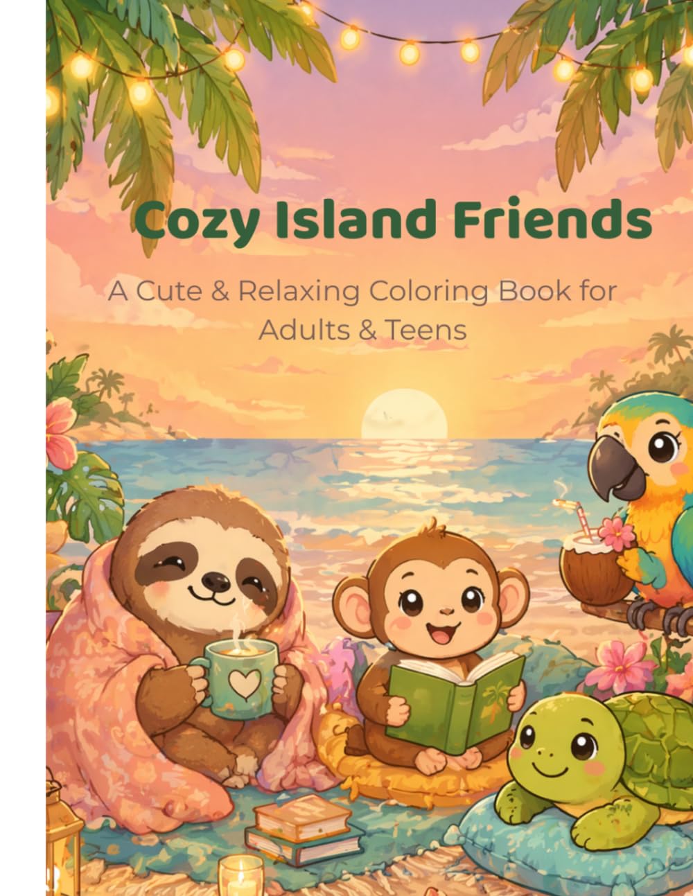 Cozy Island Friends: A Cute & Relaxing Coloring Book for Adults & Teens Featuring Adorable Tropical Animals and Cozy Island Scenes