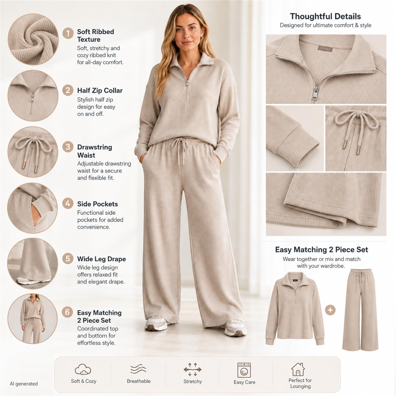 Set da salotto da donna in 2 pezzi, con mezza zip, pantaloni a gamba larga | 90% poliestere, 10% spandex, morbido al tatto a costine, drappeggio rilassato, coulisse in vita, tasche laterali