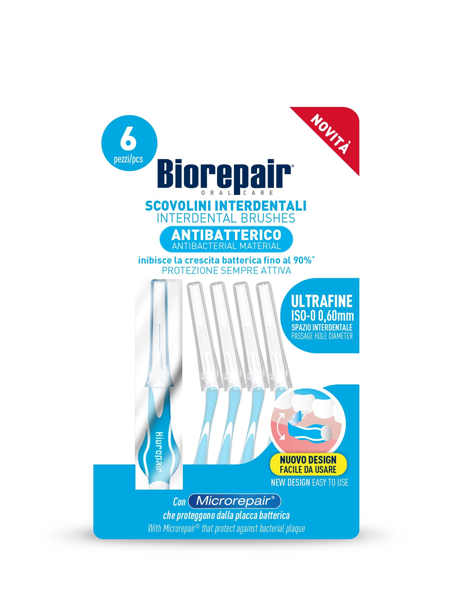Biorepair, Scovolini Interdentali Ultrafine, Spazio Interdentale 0,​60mm, Protezione Antibatterica Sempre Attiva, Facile da Usare, Con Microrepair, SCP, 1 Confezione da 6 Pezzi