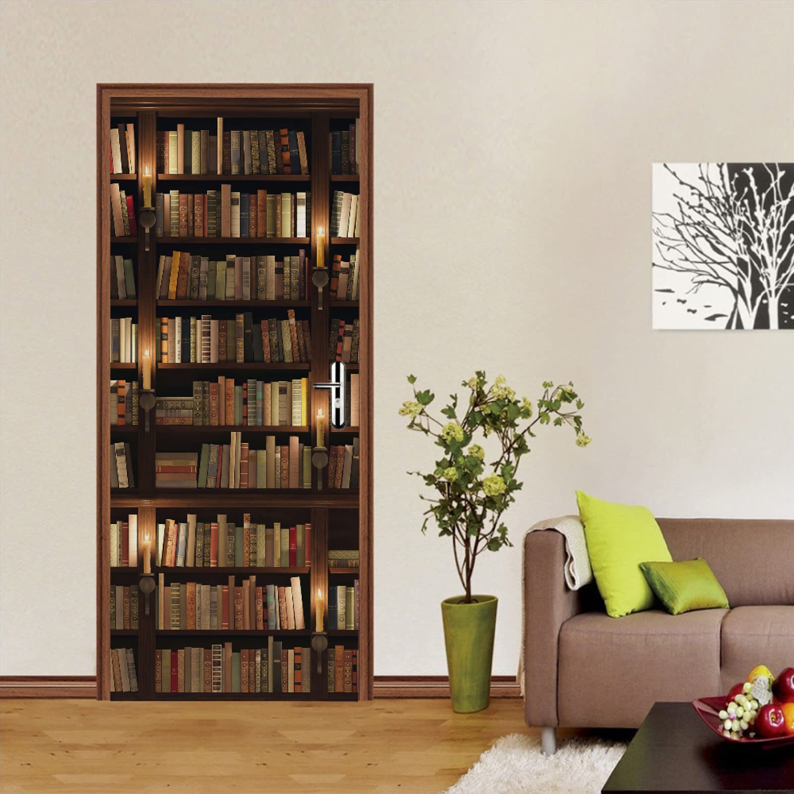Sticker Porte Trompe L'Oeil 3D Rétro Livres Étagère - Autocollant 90x200cm Pour Décoration Intérieure