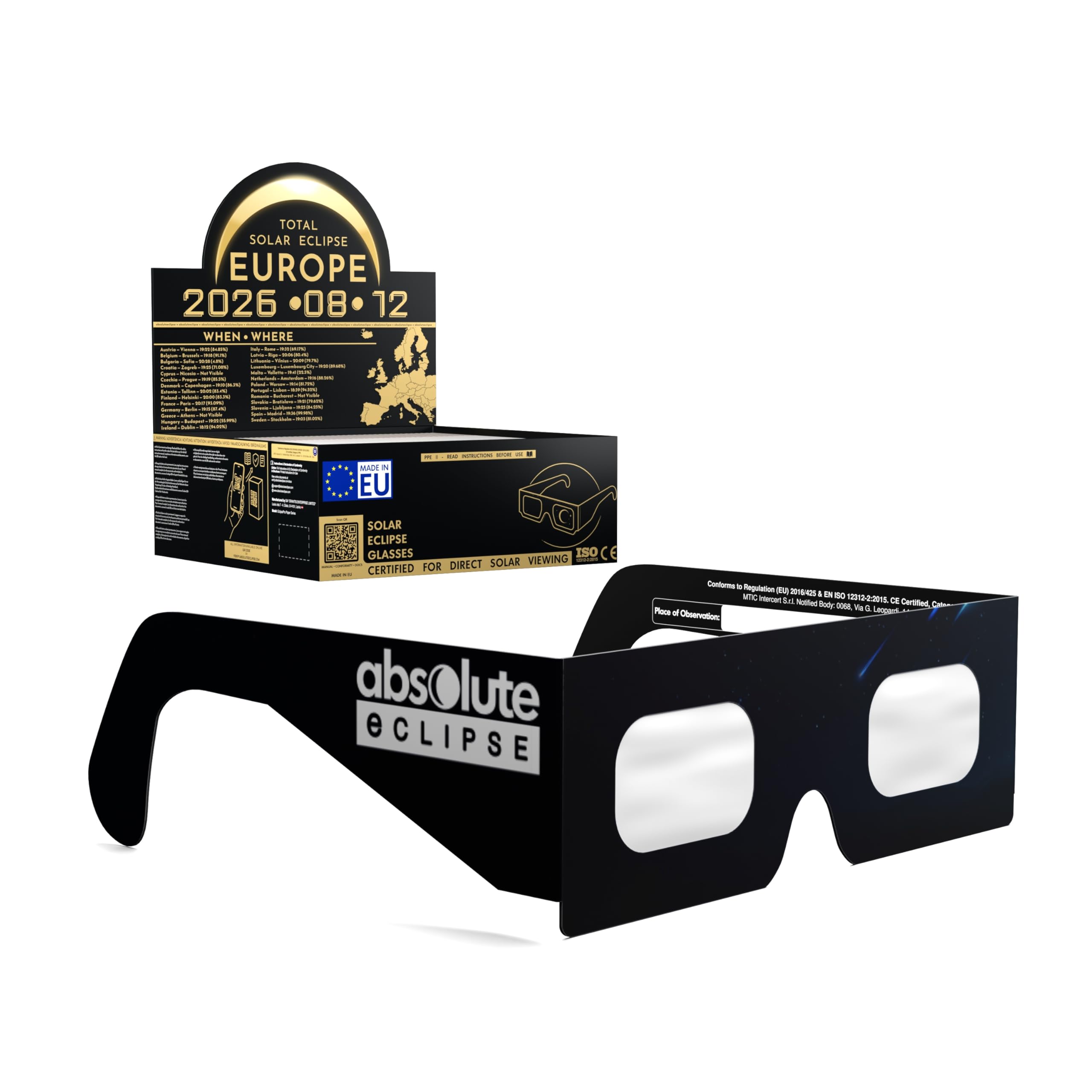 Solar Eclipse Glasses ISO 12312-2 CE Certified | Safe Solar Viewing Glasses UK | Paper Cardboard Frame | Total Solar Eclipse August 2026 | Made in EU | 50 Pack | Stranded
