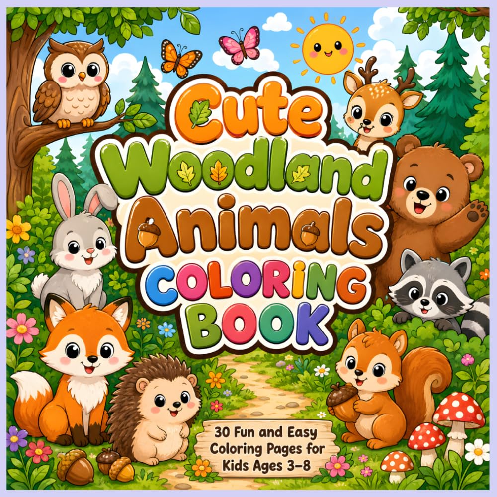 Cute Woodland Animals Coloring Book: Fun and Easy Coloring Pages for Toddlers and Kids Ages 3–7 Featuring Fox, Deer, Bear, Owl, Rabbit, Squirrel, Raccoon, Hedgehog, Beaver and More