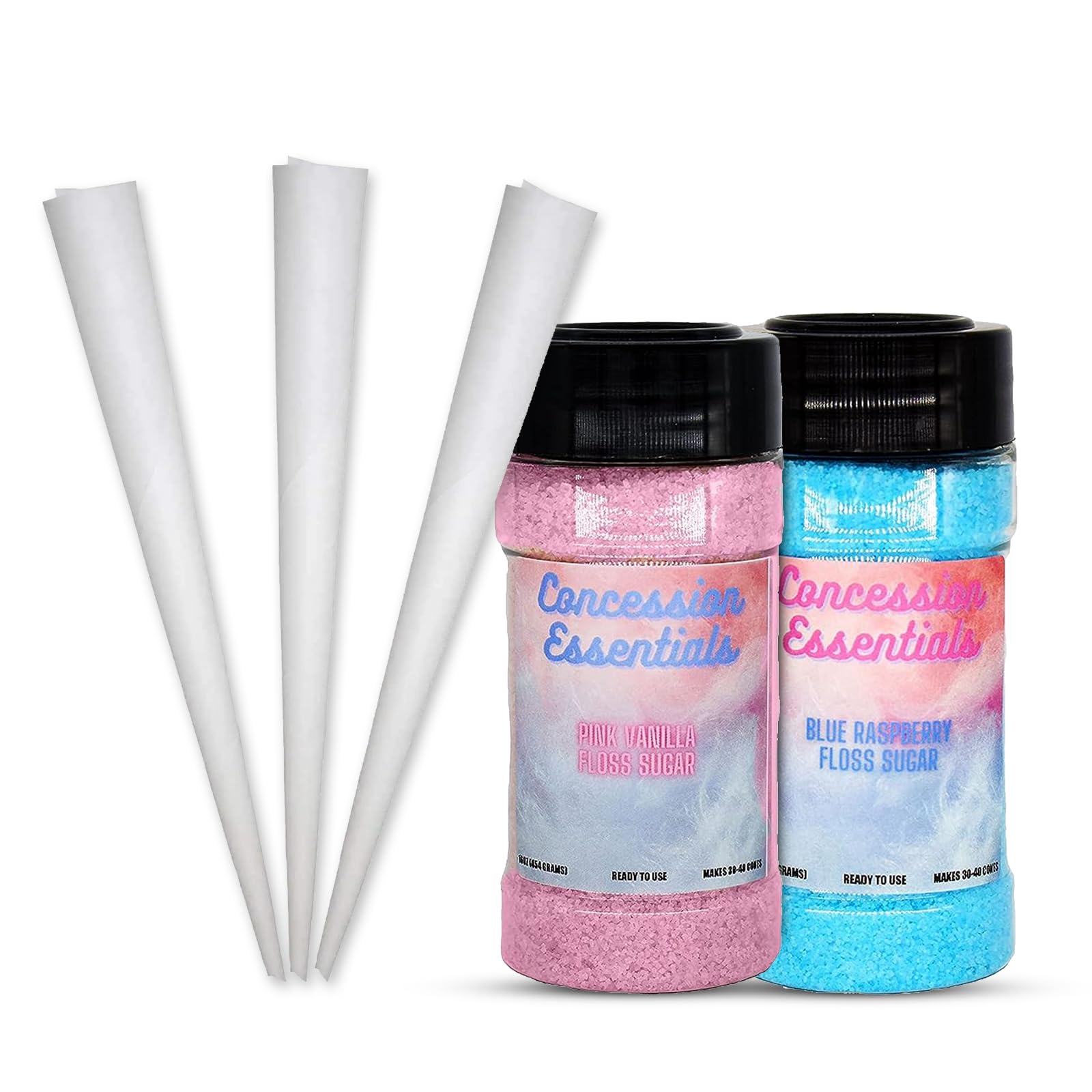 Perfectware 16oz Jars of Cotton Candy Floss Sugar with 100ct Cotton Candy Cones Included -(1 of Each Flavor 32oz's Total)