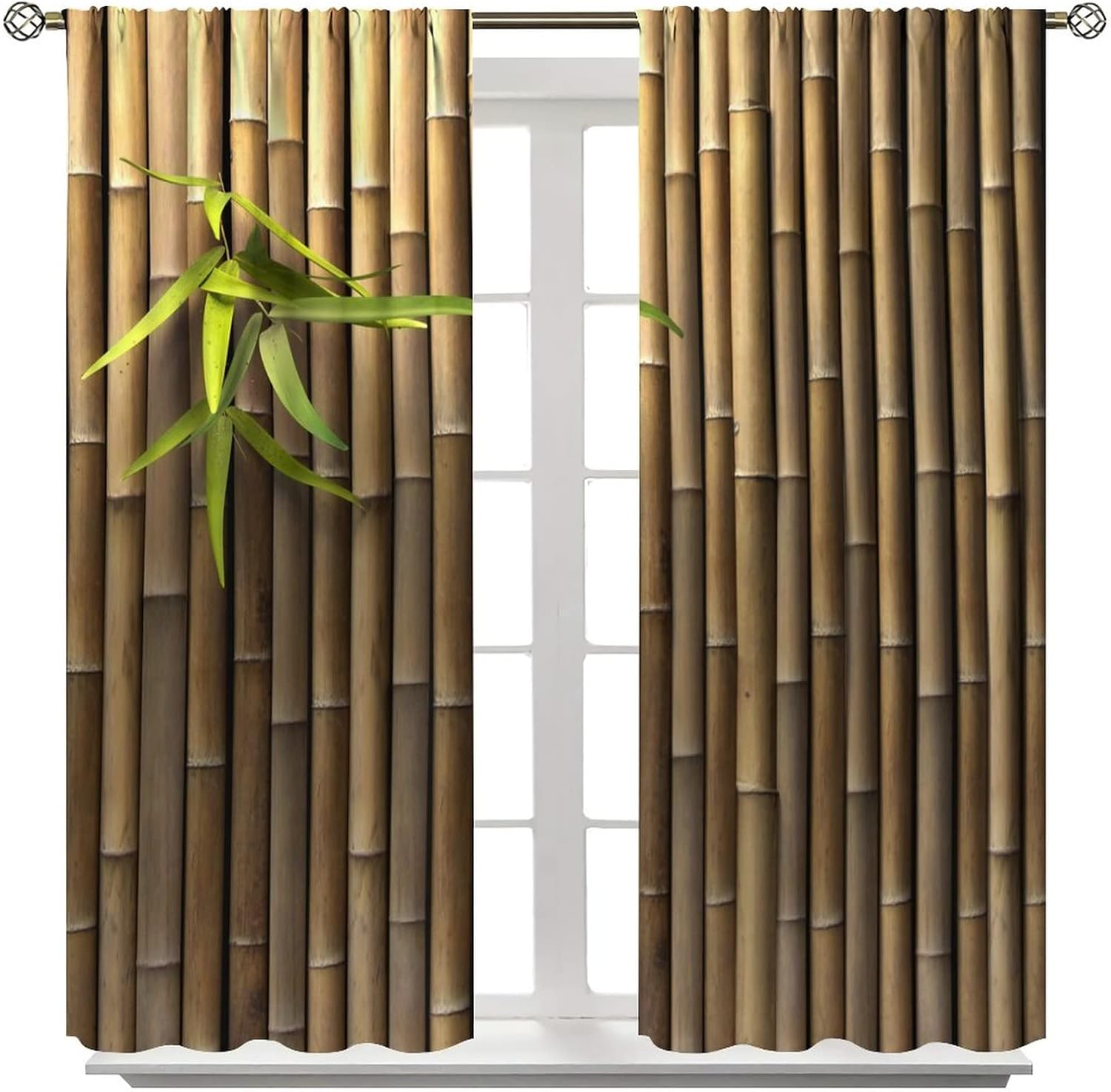 Bamboo 3D Printed Outdoor Curtains, Zen Japanese Natural Bamboo Wall Living Room Kitchen Rod Pocket Window Trim Curtains, 21x45 Inches x 2 Pieces Brown Green