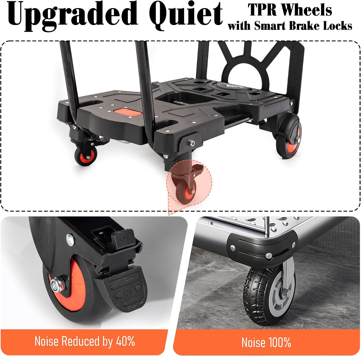 2-in-1 Folding Hand Truck Dolly - 330LBS Convertible with Brakes | Upgraded Quiet TPR Wheels, 3-Level Adjustable Handle, Portable Compact Multi-Use Trolley for Moving, Camping, Garden, Office