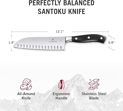 Miniatura 4 de Victorinox Grand Maitre Santoku - Cuchillo de cortar ergonómico y afilado para artículos esenciales de cocina, mango negro, borde Granton, 7 pulgadas