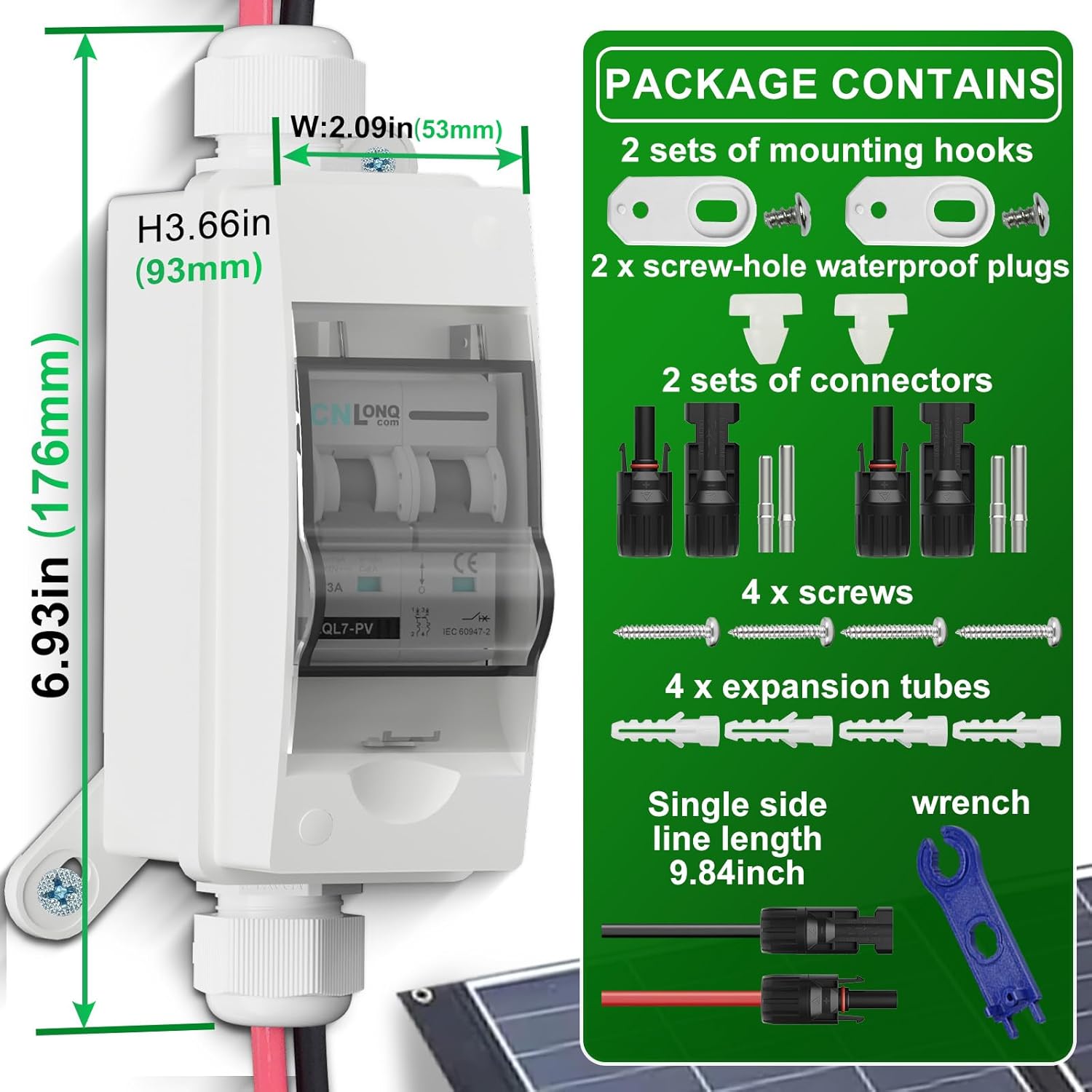 Solar Disconnect Switch 63A DC1000V Circuit Breaker 2P with PV Connector and IP65 Small Breaker Box and Wall Hooks for Outdoor PV Stystem, Battery, PV Array MCB