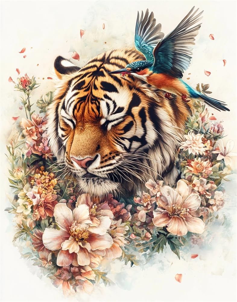 Henypt Stamped Cross Stitch Kits Embroidery Kit Tiger and A Kingfisher 11Ct Pre-Printed Fabric Home Decor Stamped Patterns Starter Kits for Beginner Adults