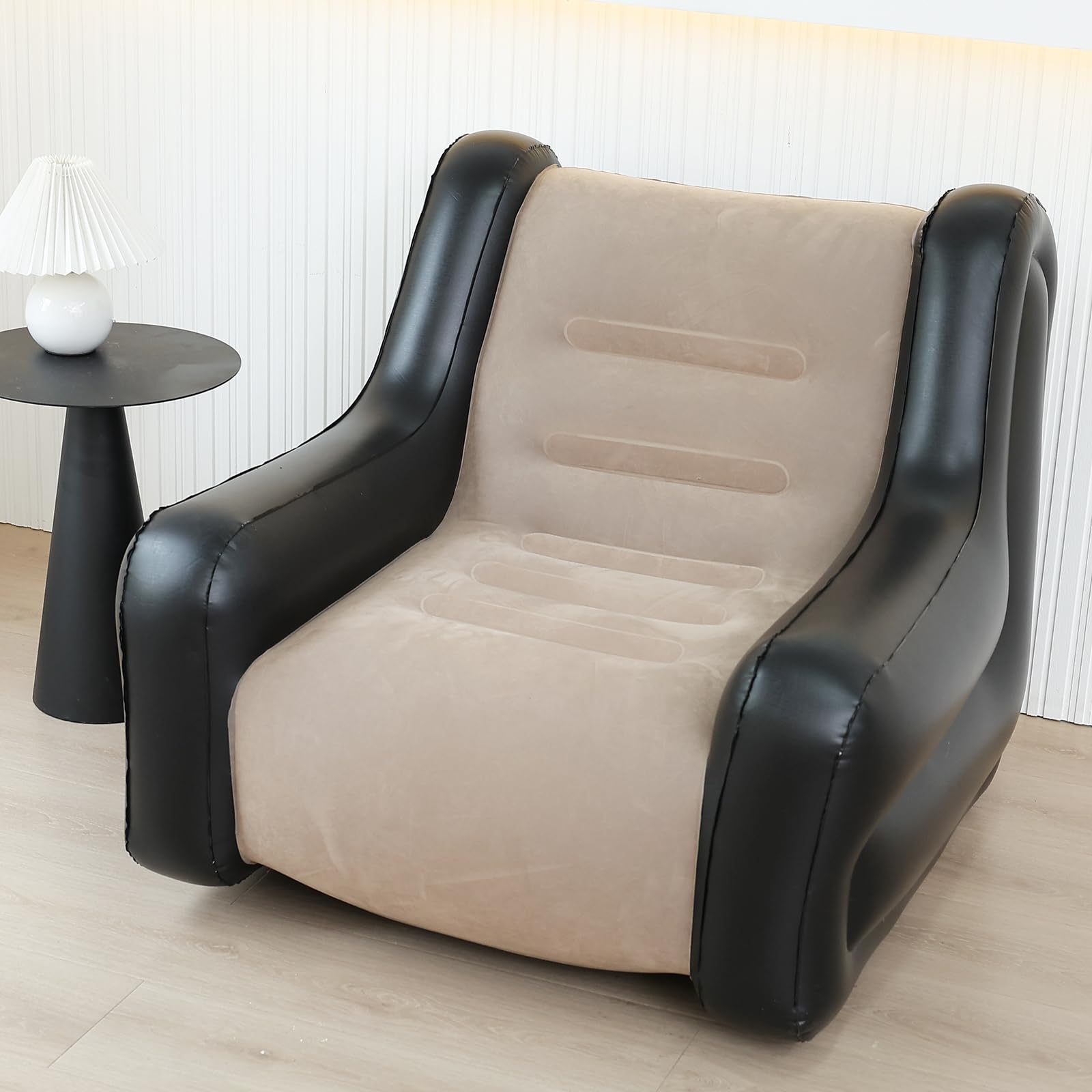 LONEEDY Sofá inflable de dos tonos con reposabrazos, asiento inflable, tumbona para sala de juegos, camping al aire libre, sofá de jardín, tela de felpa suave para adultos y niños (caqui)