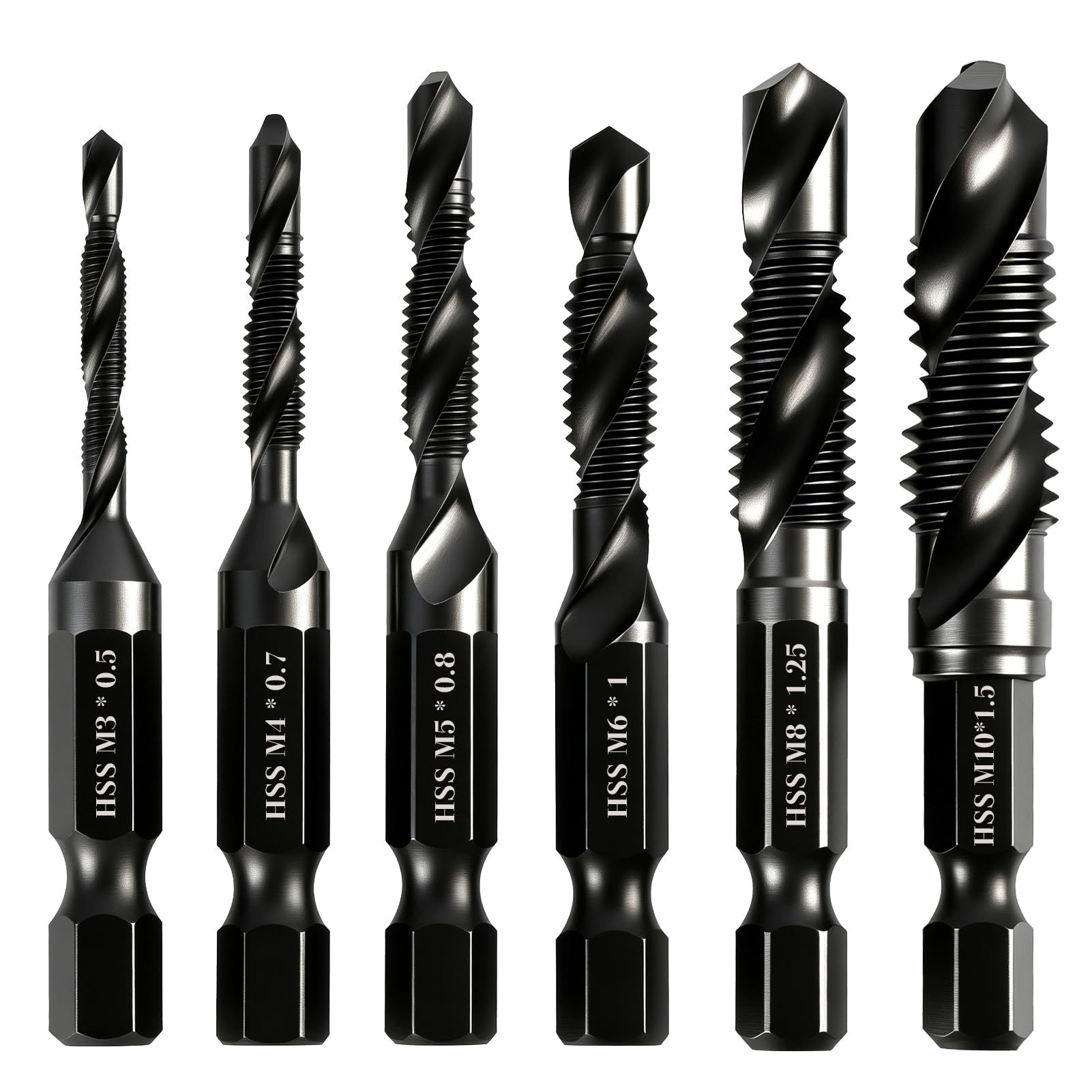 6PCS HSS Drill Bit Set with Anti-Rust Coating, Combination Drill and Tap Hex Shank Drill Bit Set M3–M10, Dual-Purpose Hex Drill Bits for Drilling and Threading, Metal Drill Bits for Steel, Alloy