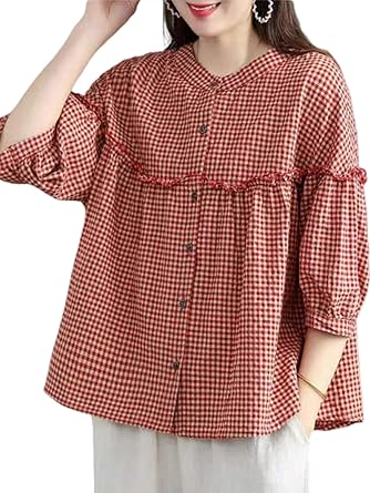 utcoco Womens Plaid Button Down Shirts Casual Loose Fit 3/4 Sleeve Gingham Top Checkered Blouses