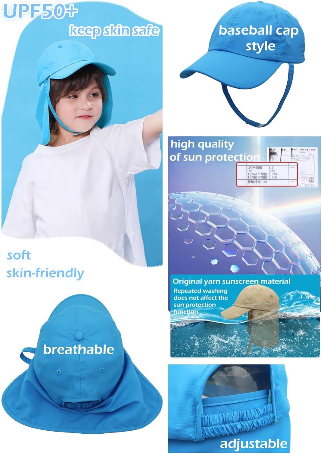 LLmoway Boys Beach Hat with Strap Toddler Kids Sun Hats with UV Protection Neck Flap Quick Dry Baseball Caps 2-6Years - Image 2