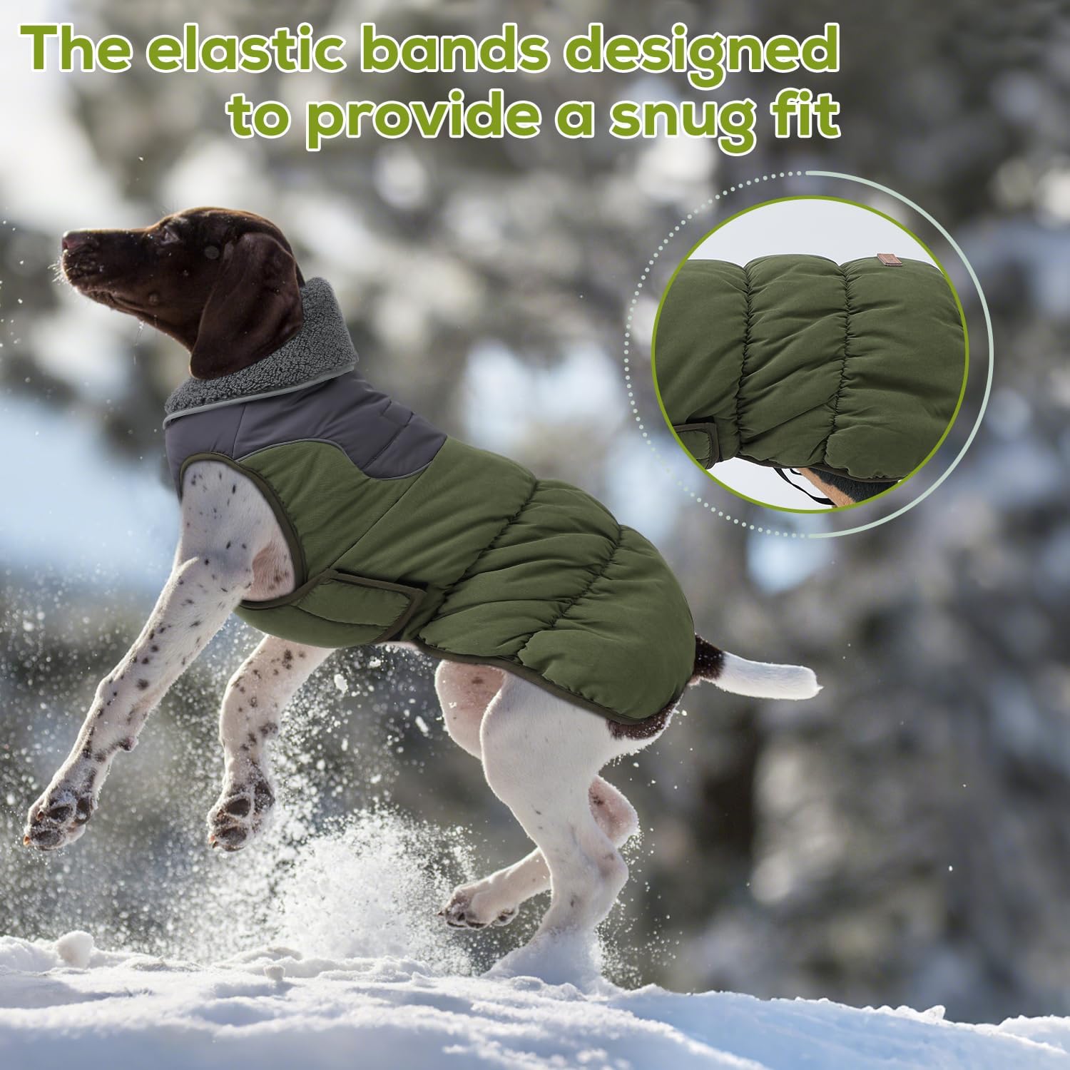 EMUST Dog Coats for Large Dogs L, Reflective Warm Pet Fleece Jacket Snowsuit for Cold Weather with Furry Collar, Windproof Warm Fleece Dog Puffer Jacket, Green