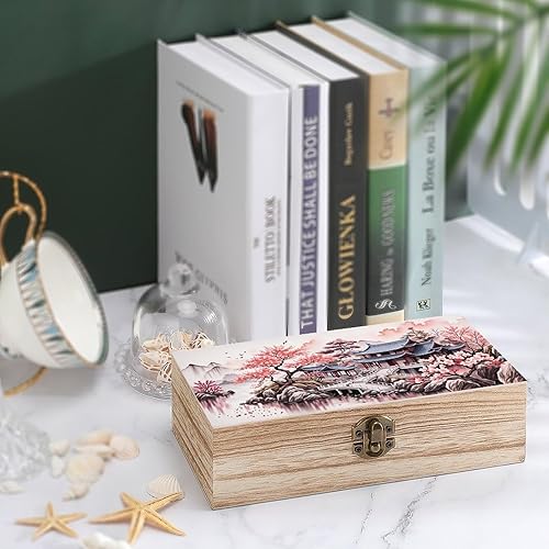 Miniatura 4 de Oriental Temple Garden - Caja de almacenamiento de madera con cerradura con bisagras, baúl decorativo hecho a mano, elegantes cajas de decoración