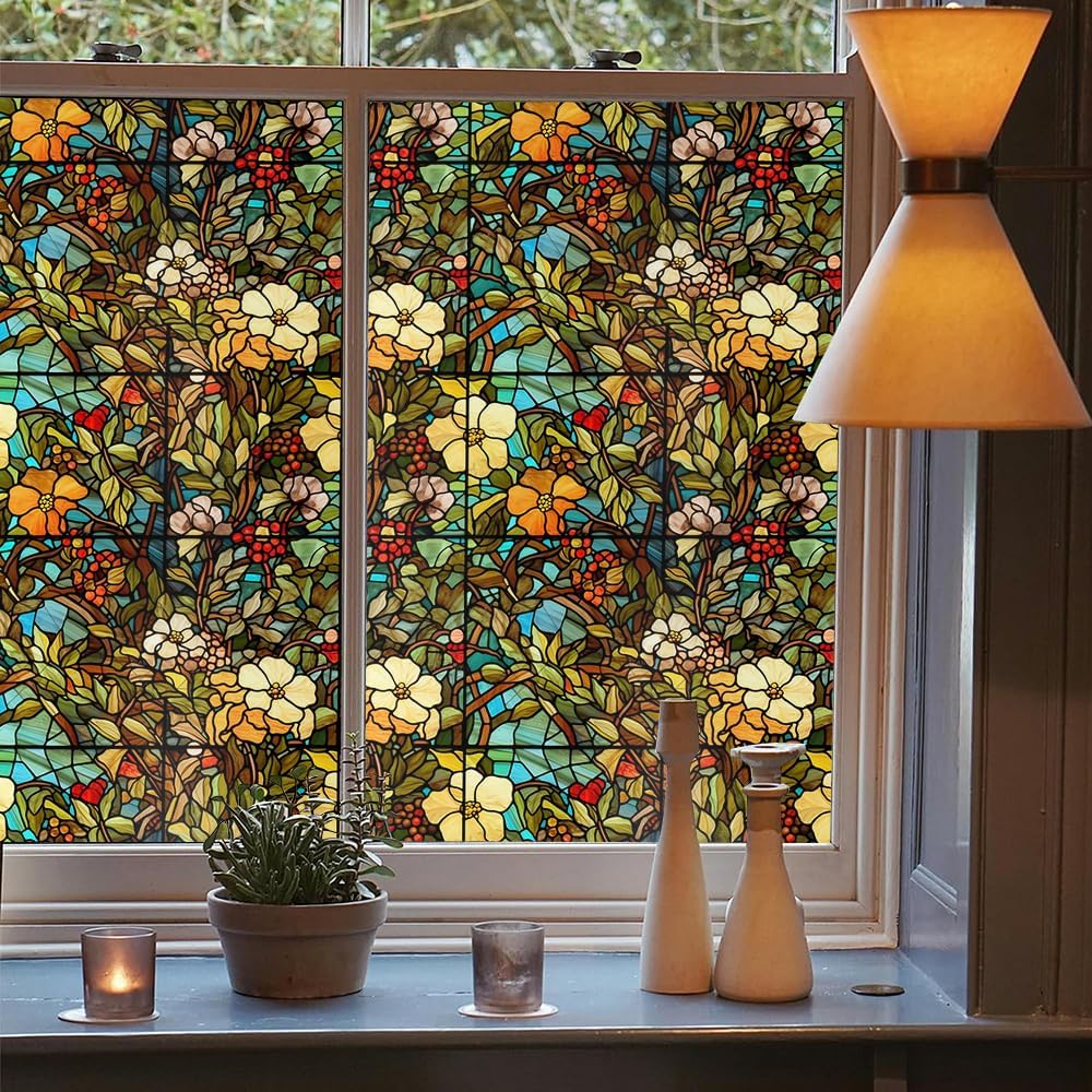 16“x118 Boho Antique Flower Double Side Window Films Art Decorative Window Privacy Tinting Film Self-Adhesive Static Glass Window Clings Stickers for Living Room Bathroom Glass Windows Decor