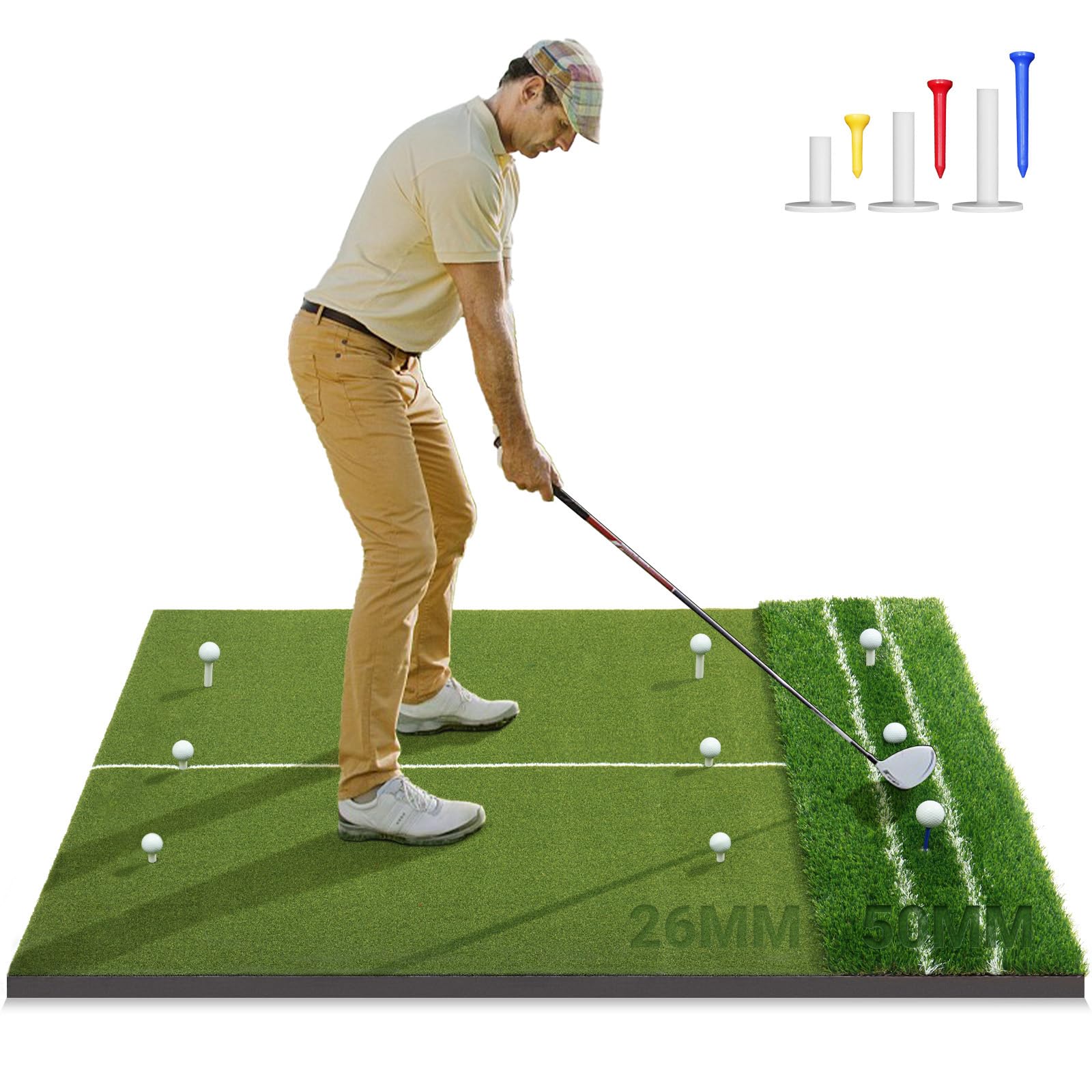 Premium Dual-Turf 5x4ft Golf Mat: 21MM to 50MM High-Elasticity Base Upgraded Golf Hitting Mat, Alignment &amp; Angle of Approach Aid, Indoor/Outdoor Practice, Green,Ideal Gifts for Men Him Dad Husband