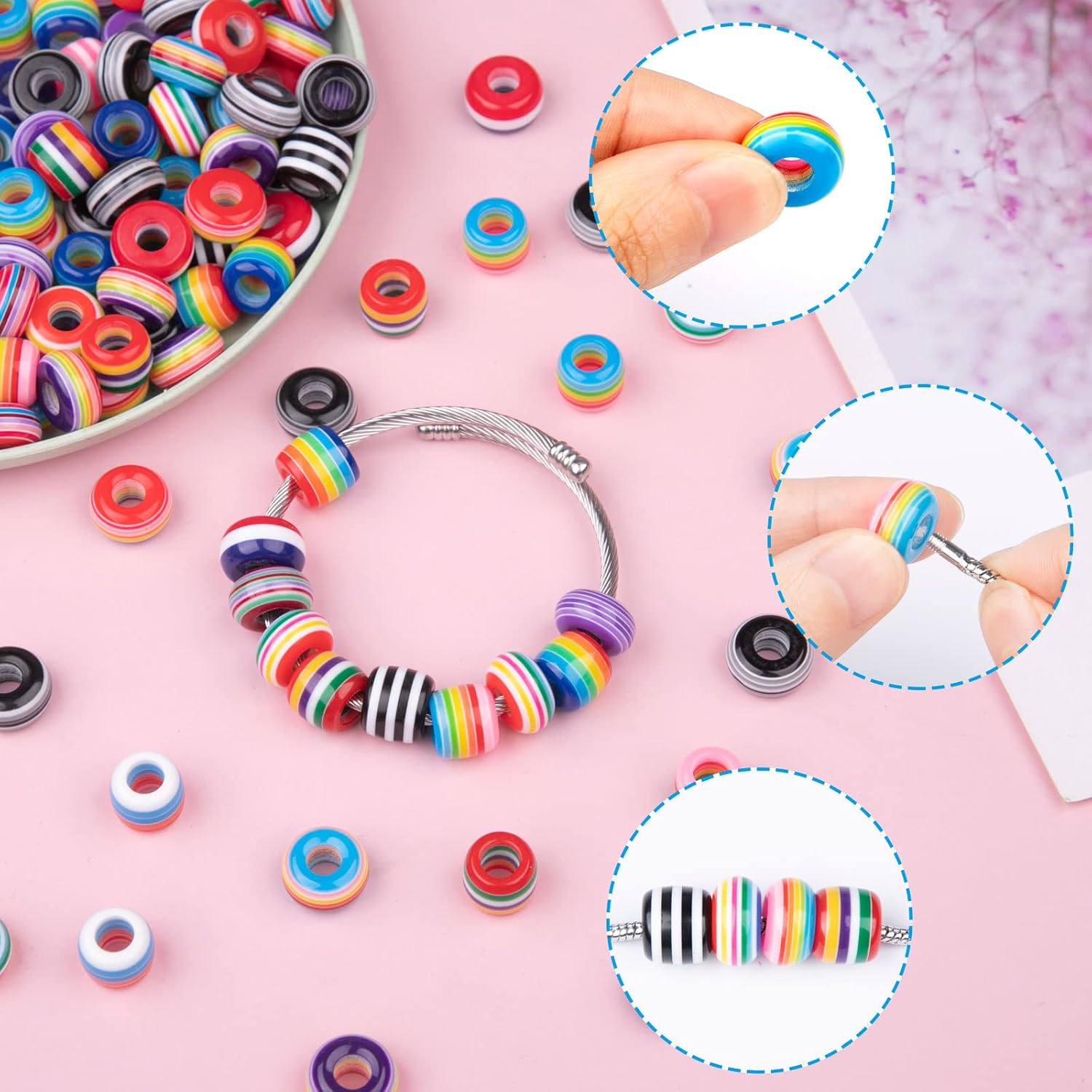 200 PCS European Large Hole Beads Assorted European Craft Beads Lampwork Spacer Beads Mixed Color Charm Beads for DIY Bracelet Necklace Jewelry Making