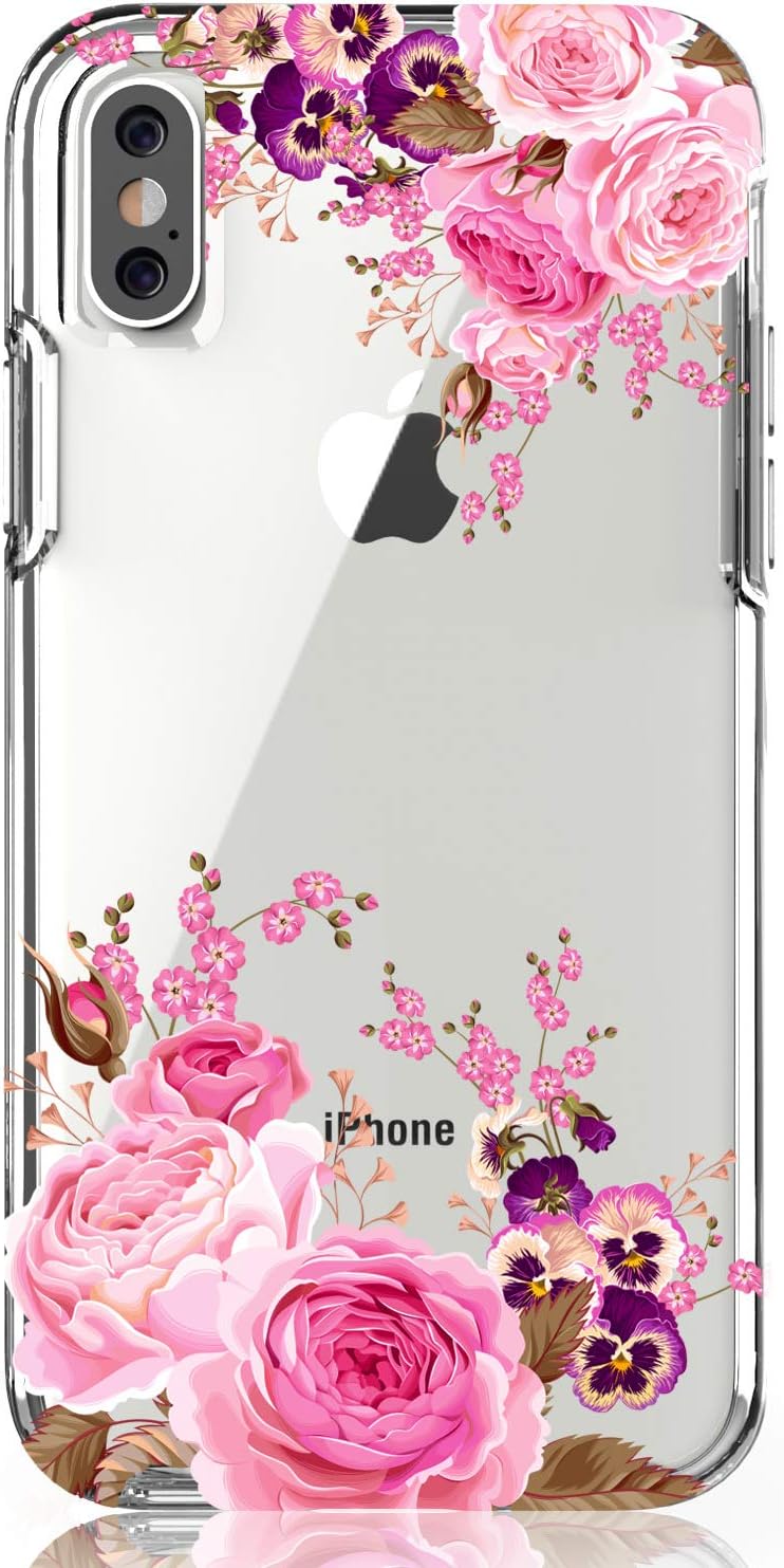 JAHOLAN Compatible iPhone X iPhone Xs Case 3D Design Cute Girl Floral Pink Rose Reinforced Clear Bumper Cushion Scratch Resistant Shockproof Hard Back Panel Cover Phone Case
