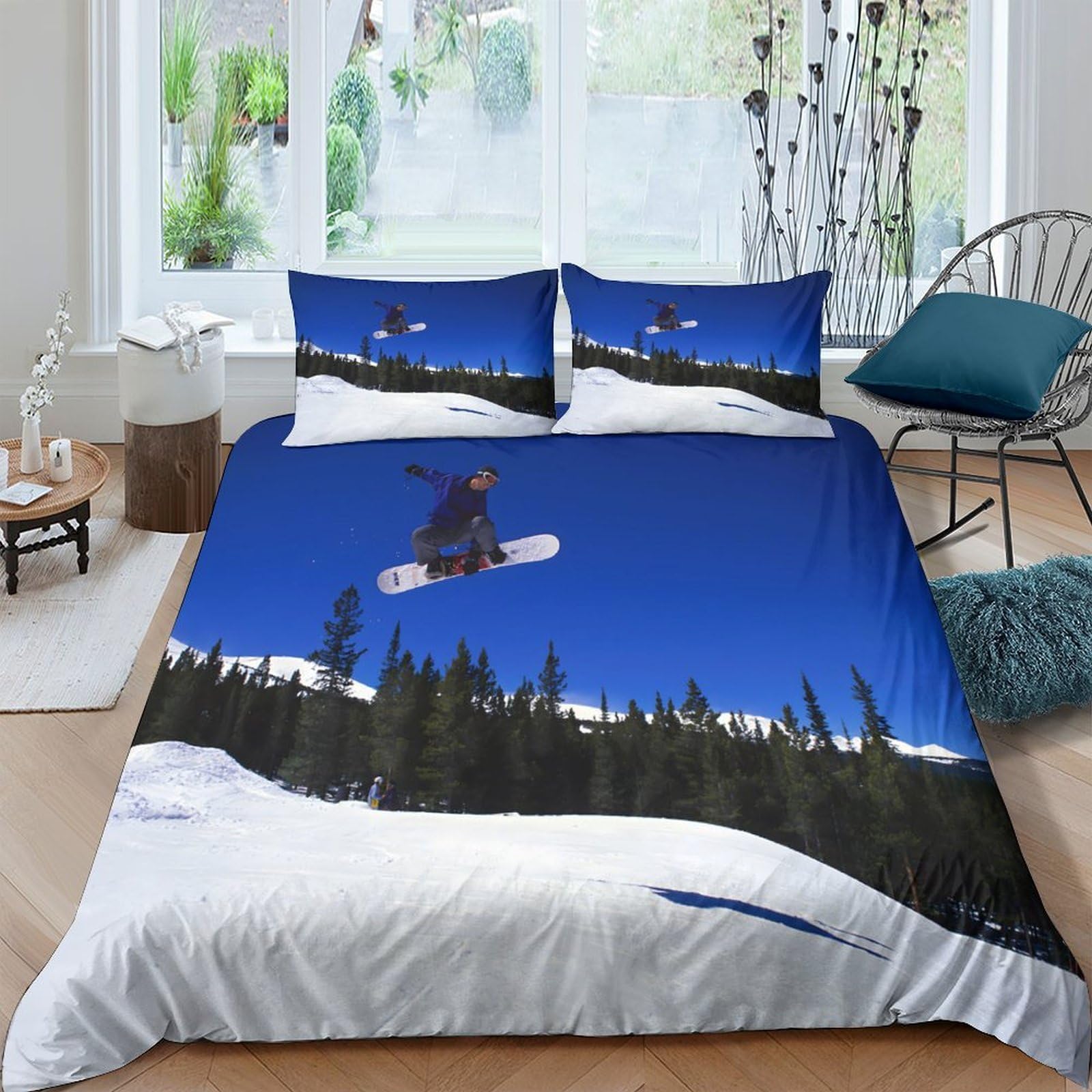 Ctjqhvkz Style-7 3D Printed Snowboard Jump Fitted Sheet Microfiber Blue Forest Bed Cover Anti-Slip Machine Washable For Bedroom Decor Single（135X200cm）