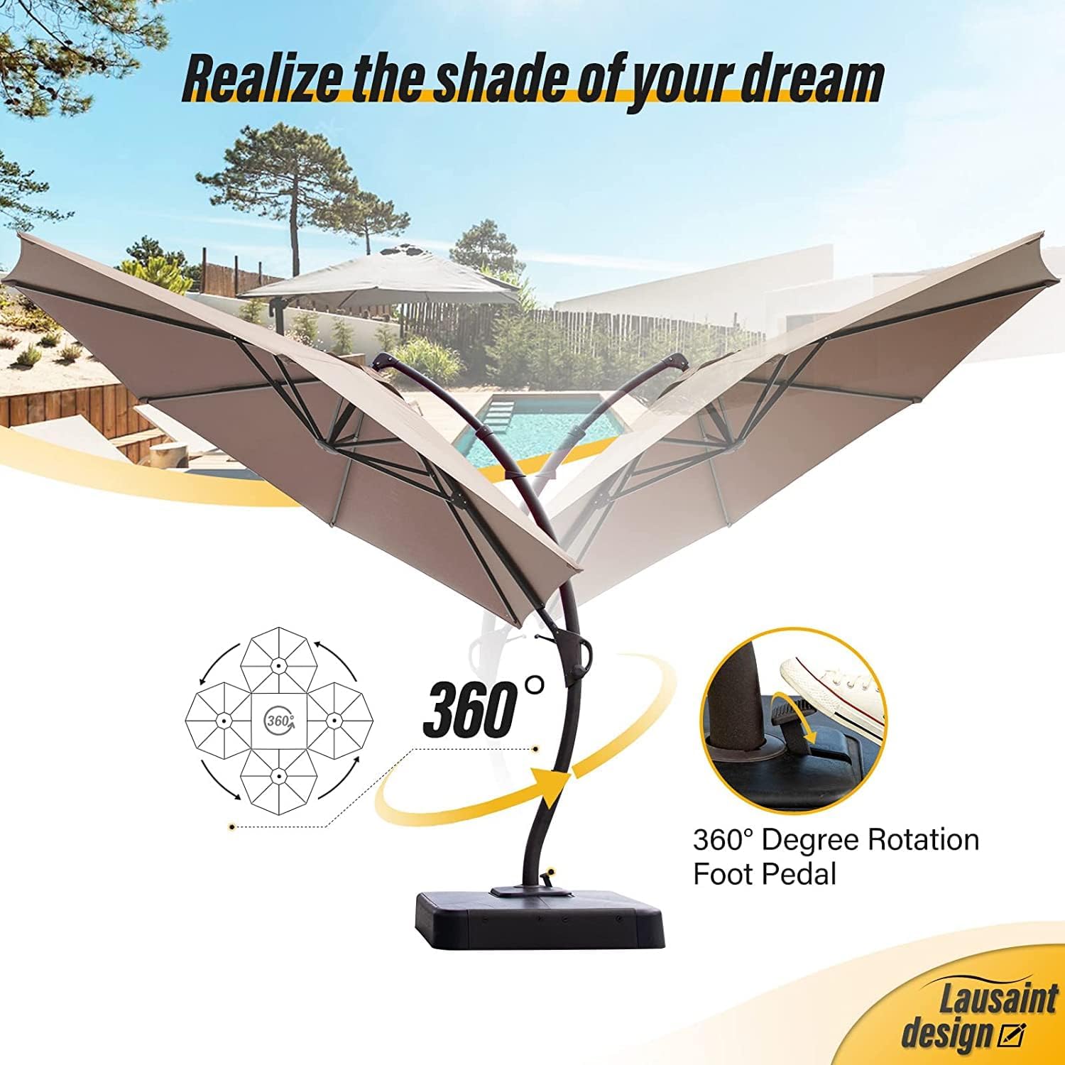 LAUSAINT HOME11FT Patio Cantilever Umbrella with Base Outdoor Curvy Round Offset Umbrella, Heavy Duty Aluminum Patio Umbrella with 360°Rotation and Windproof, for Garden, Pool, Deck, Backyard, Market(11 FT Champagne）