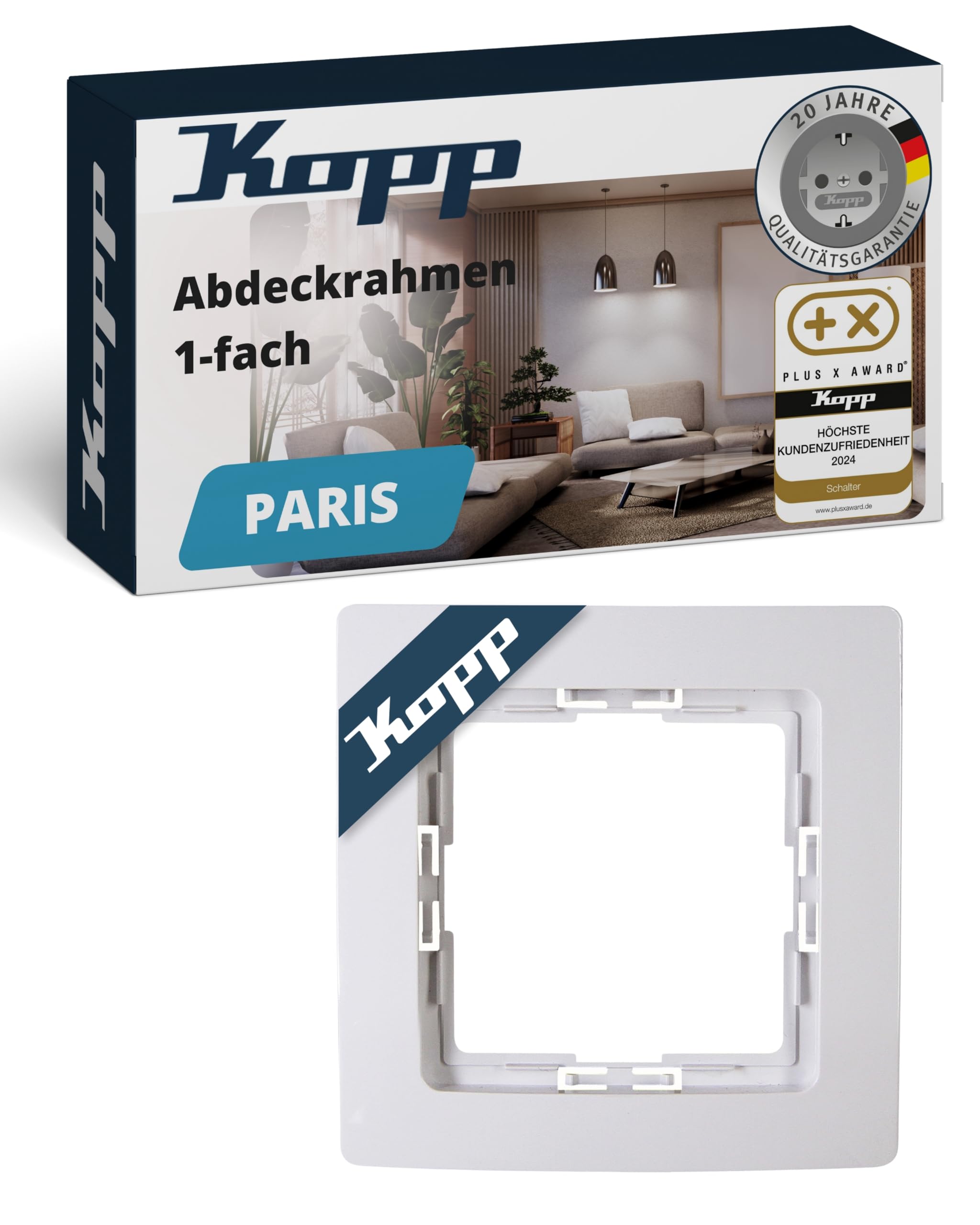 Kopp PARIS 1-fach Abdeckrahmen in Arktis-Weiß - 83 x 83 x 9,5 mm - Rahmen für Steckdosen & Schalter - Stilvoller Steckdosenrahmen aus Kunststoff - Hochwertiger Lichtschalter-Rahmen