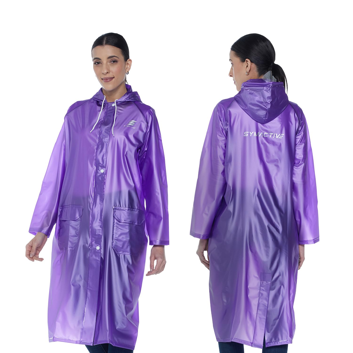 Amazon Brand - Symactive Women's Raincoat | Waterproof Lightweight One Piece PVC Long Coat with Hood | Snap Buttons | Side Pocket | Drawstring Hood | Purple, XL