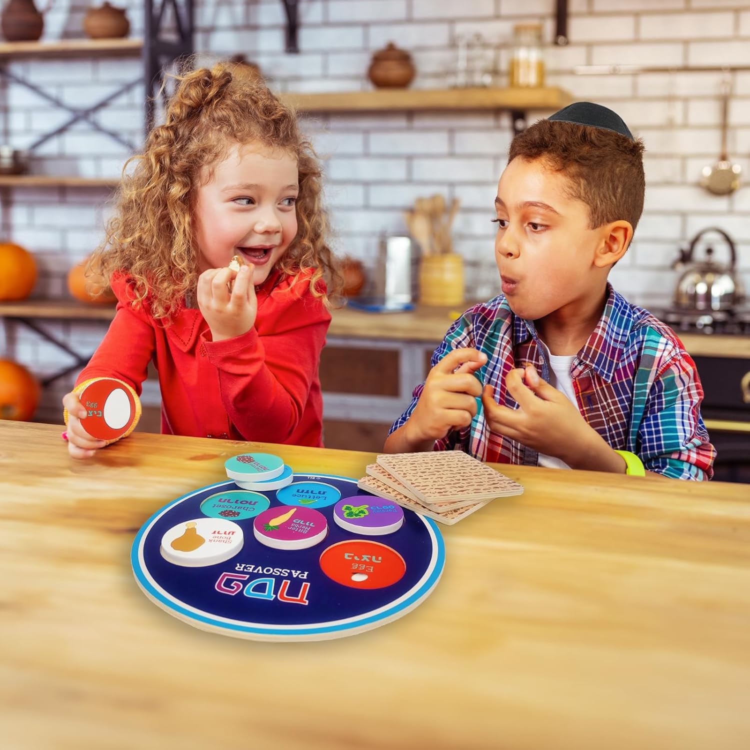 Children interacting with the Seder plate and matzahs