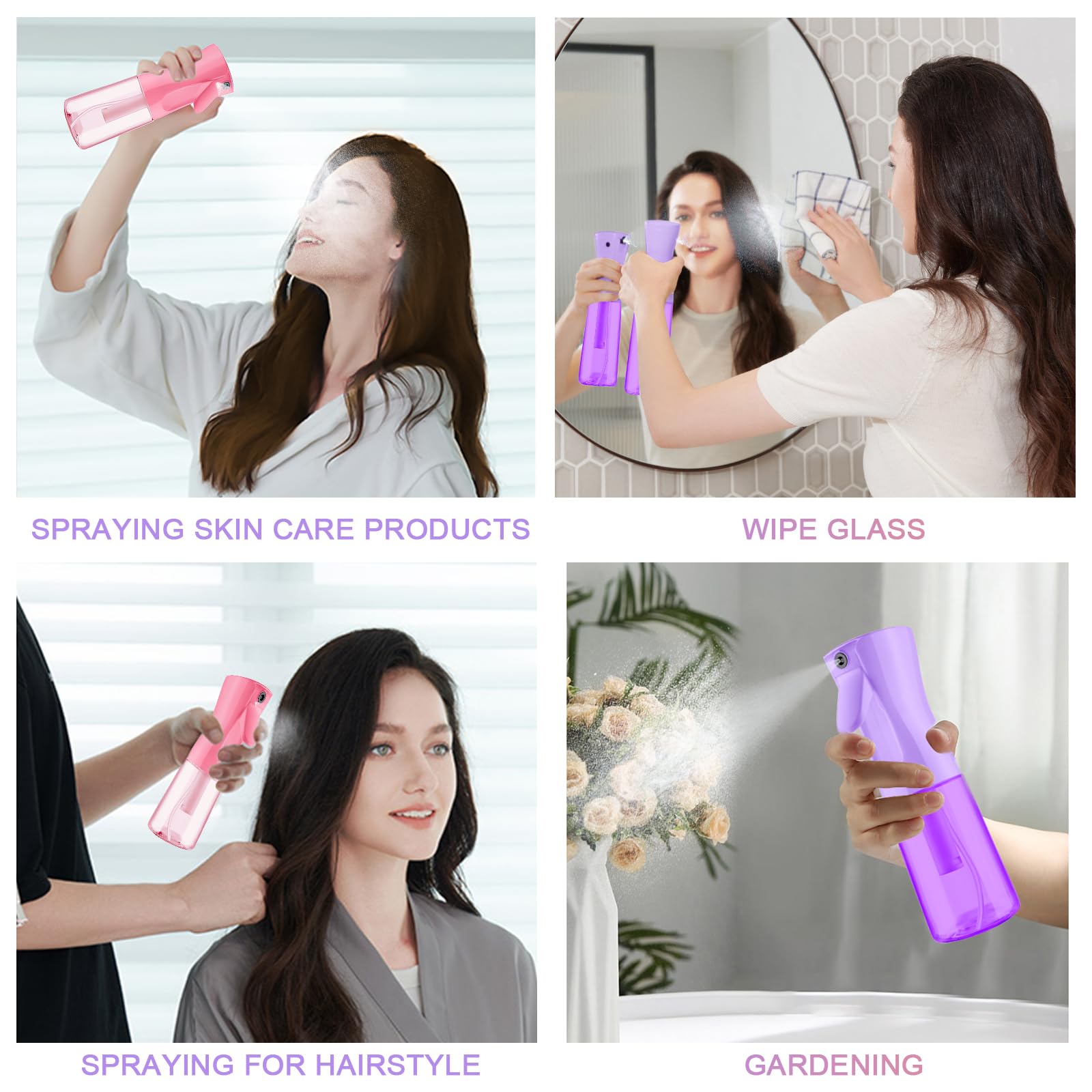 LOPHE Pulverizador Agua Peluquería, 2pcs 200ml Botella de Spray a Presión, Atomizador Recargable, Fina Niebla Continuo, Pulverizadora de Plástico para Limpieza, Mascotas y Plantas (Rosa+Púrpura)