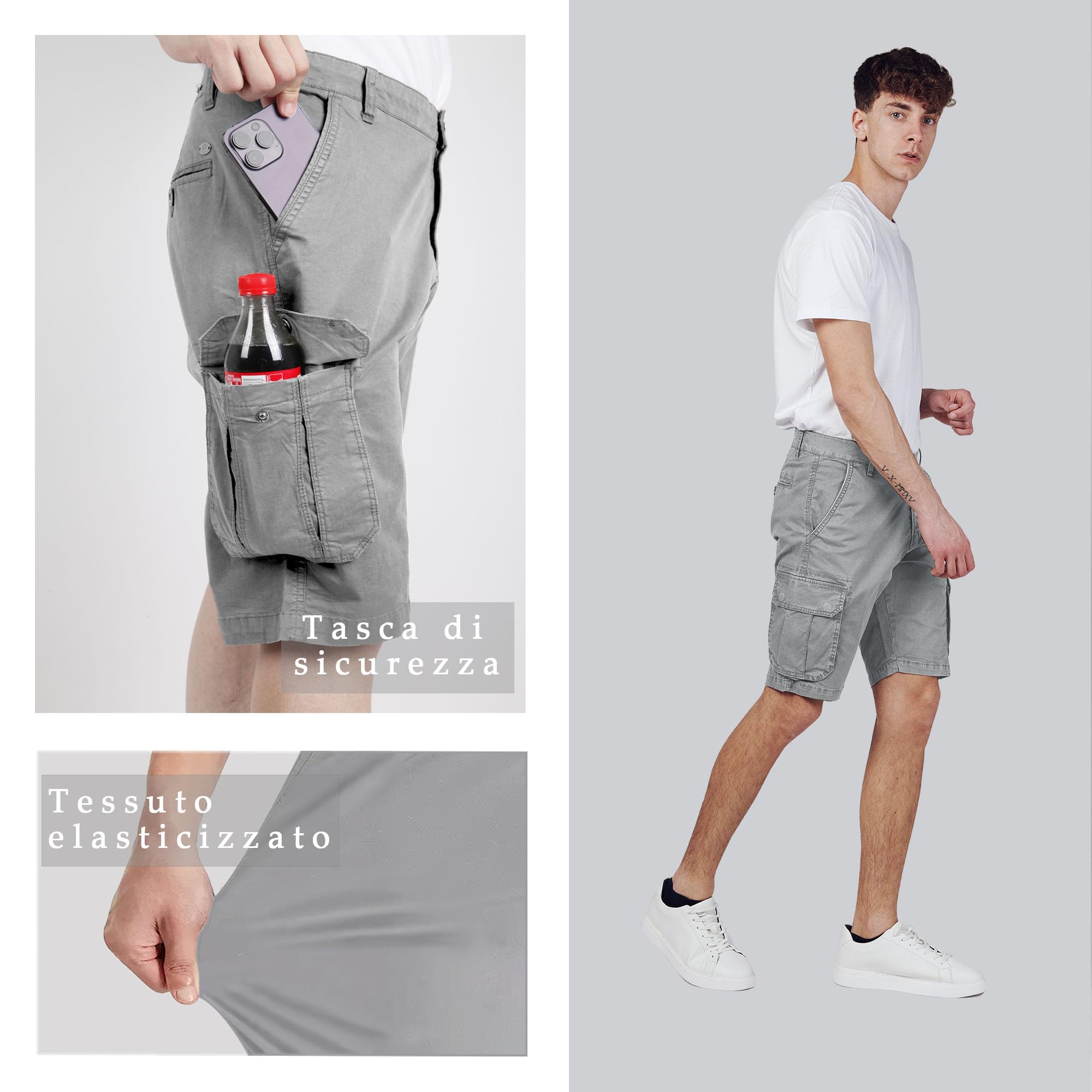 RE&X JEANS COUTURE Pantaloncini Uomo Confortevole Traspirante. STOFFE Cotone Cargo Bermuda Uomo