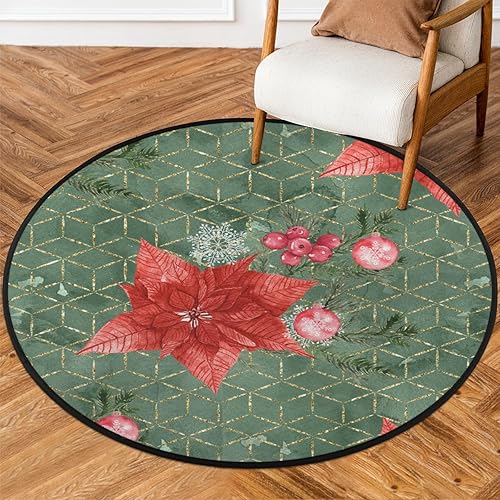 Christmas Flower Poinsettia 20 Round Area Rug 3ft Machine Washable Circular Rugs for Dining Room Table Bedroom Playroom Throw Rugs for Dog Living