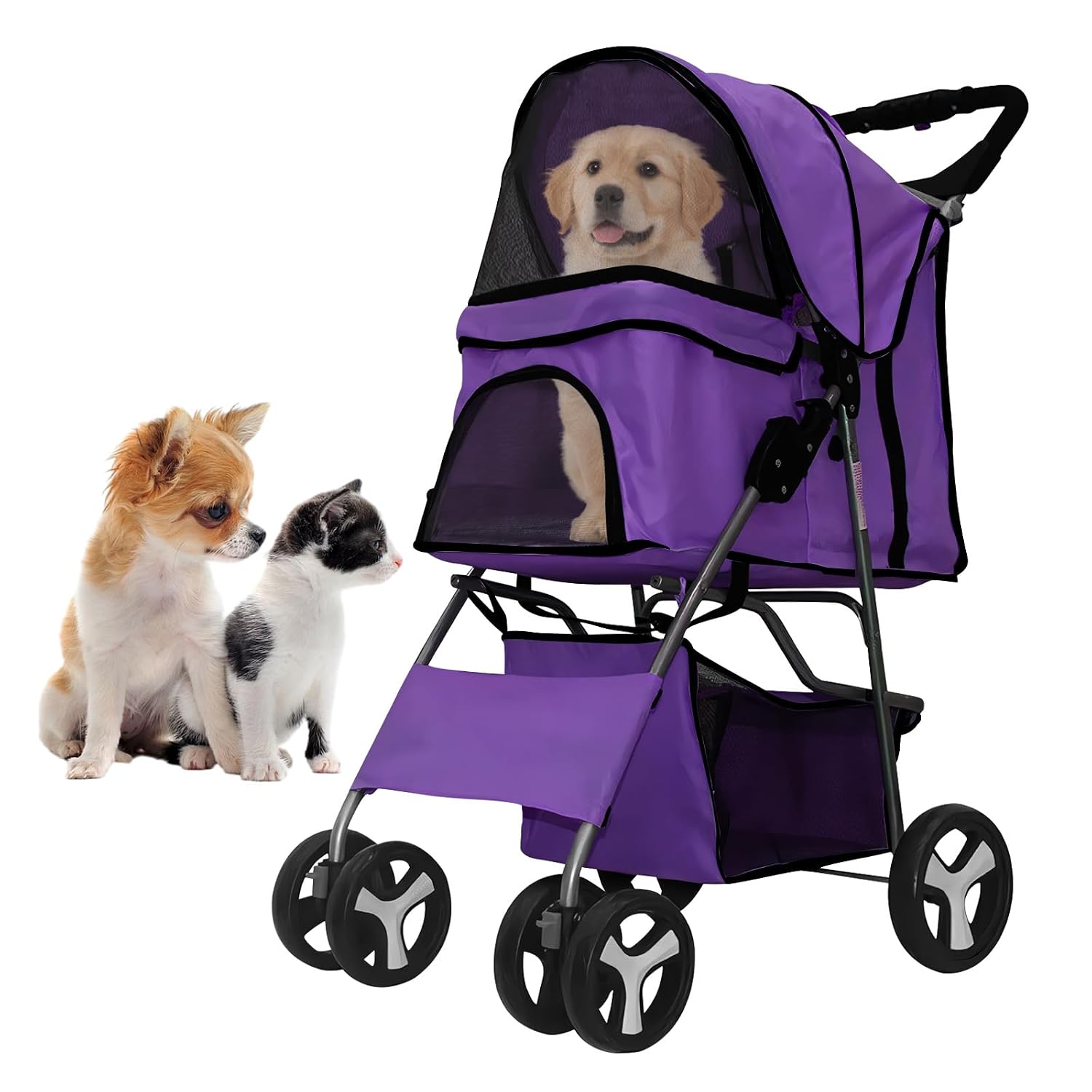 4-Wheel Foldable Pet Stroller for Dogs & Cats - Lightweight Travel Carrier with Cup Holder, Storage Basket & Smooth Ride - Perfect for Walks, Vet Visits (Purple, 4 Wheels)