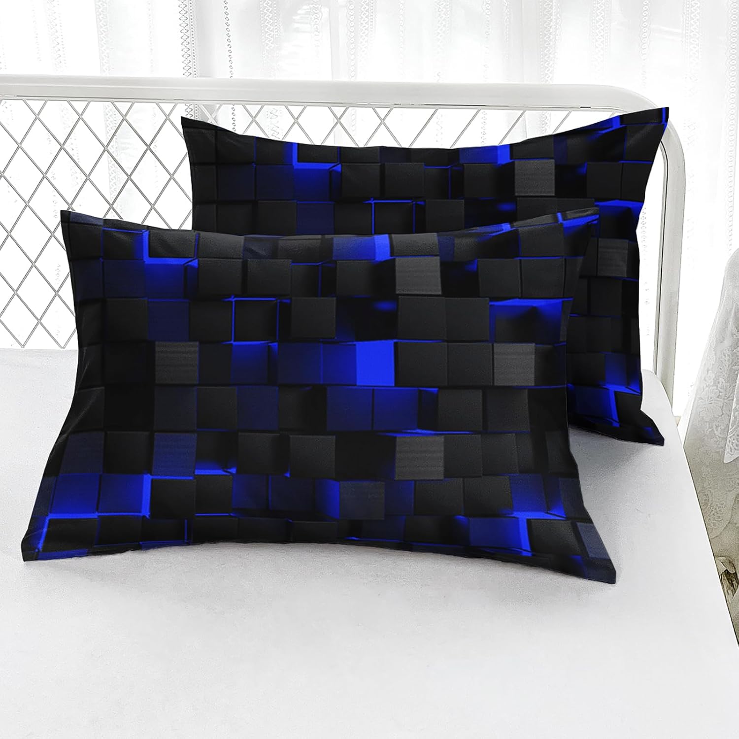 Geometry 4 Pieces Bed Sheet Sets Twin Size,Blue Black Bed Fitted Sheet Soft Bedding Sets with 16" Deep Pockets for Kids and Adults Bedroom Decor,Bedding Set 4 PCS(1 Fitted+1 Flat+2 Pillowcases)