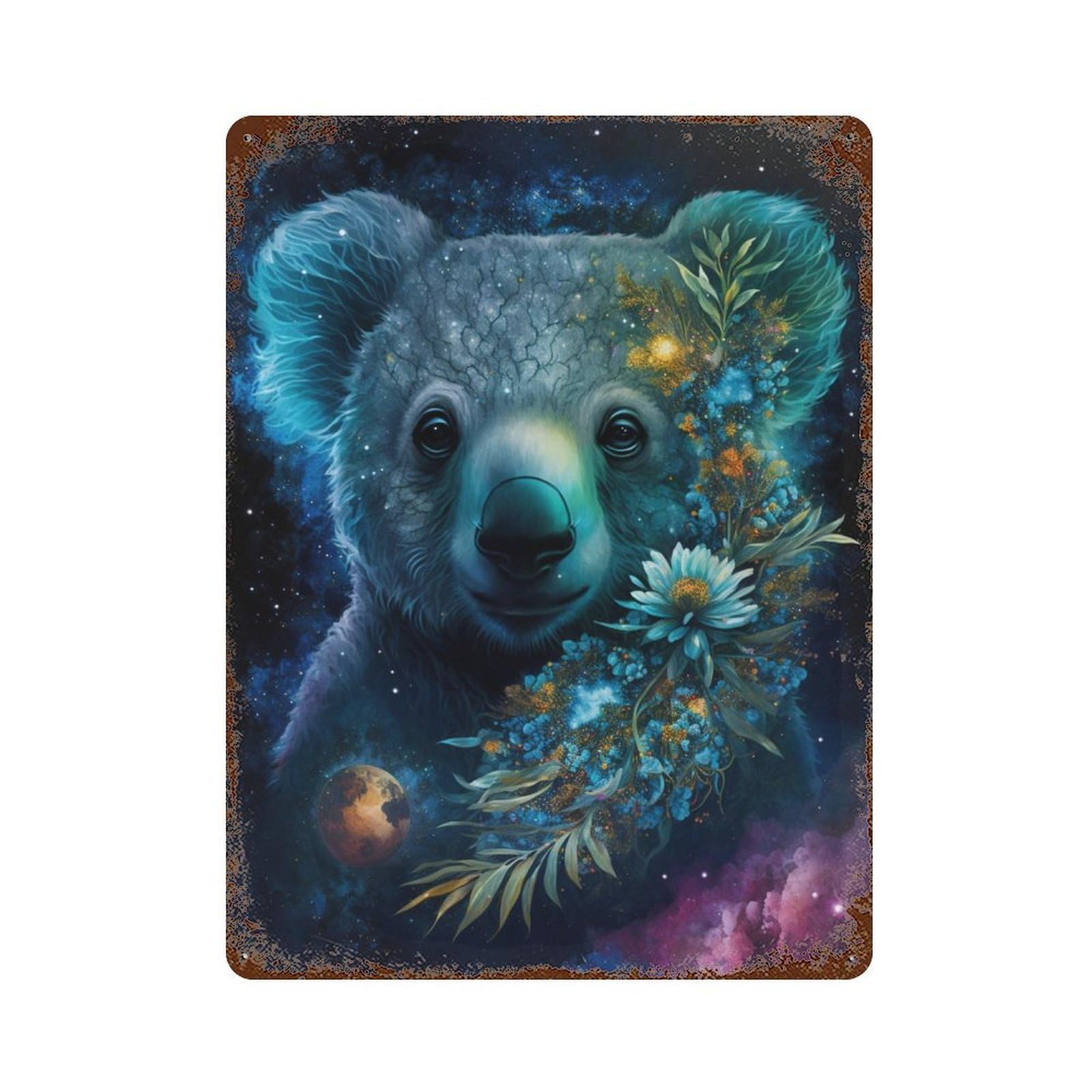 Cosmic Koala with Flowers-1 Retro Metal Sign 15.7"x11.8", for Bistro, Counter And Cafe Decor, Rustic Home Decor
