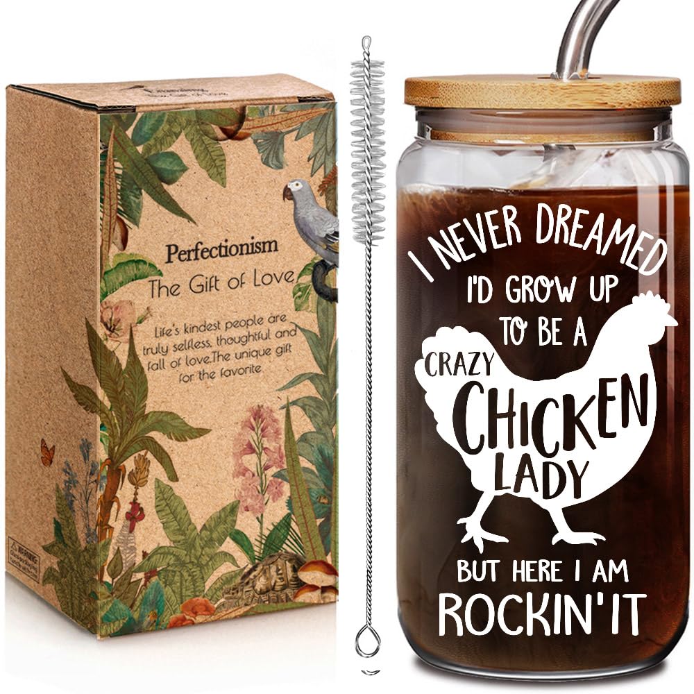Enanaimg Chicken Gifts for Women Chicken Themed Cups with Lids Straws, Chickens Lover Gift, Chickens Lady Mom Gift, Mothers Day Gifts for Women - Farmer Animal Can Glass16 OZ