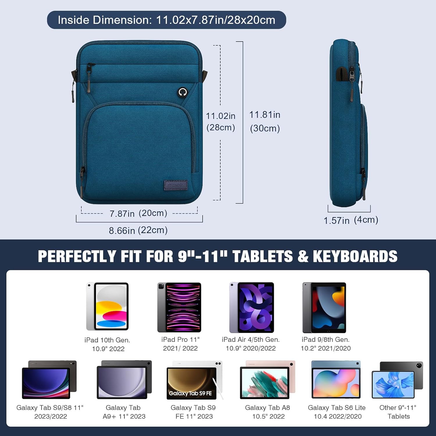 MoKo 9-11 Inch 360° Protective Tablet Sleeve Bag, Fits 11 inch iPad Air M3, iPad A16 2025, Pro 11 M5, iPad 10/9/8/7th, Tab S8/S9 11, Multifunctional Bag with Shoulder and Headphone Port,Peacock Blue - Image 2