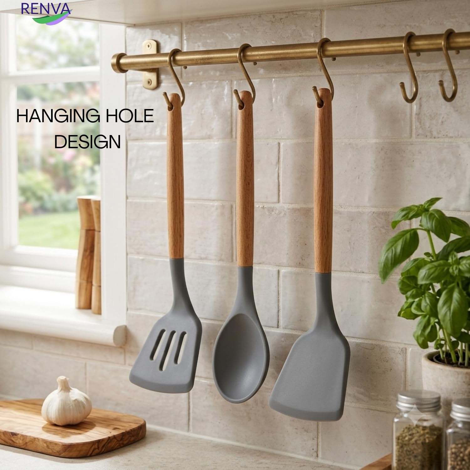 Renva Big Silicone Spatula Set of 3 with Wooden Handle (Grey, 3) thumbnail 7