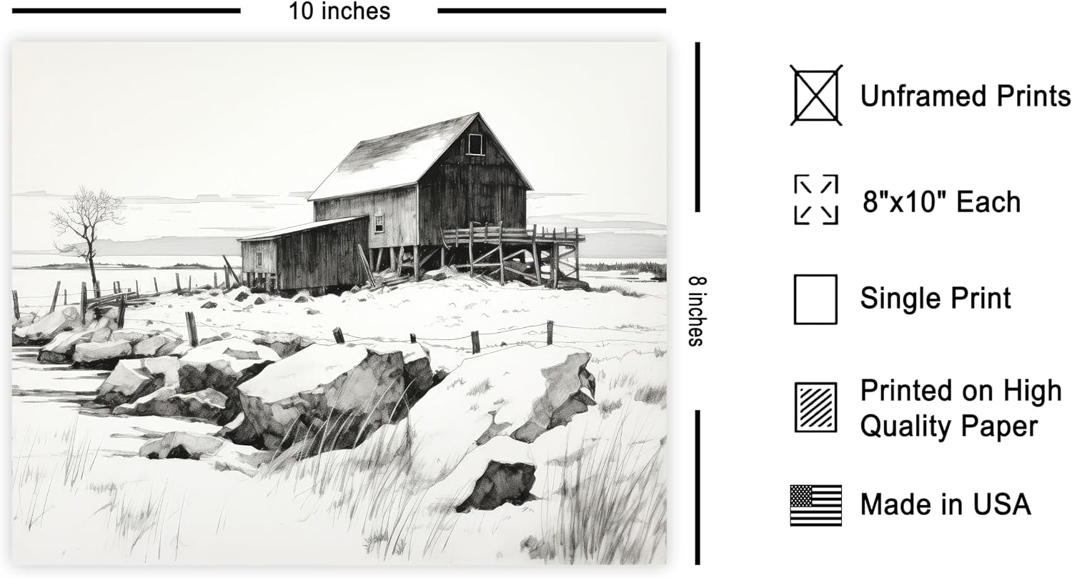 Poster Master Winter Barn Poster - Retro Countryside Print - Winter Art - Barn Artwork - Farmhouse Print - Chic Boho Design - Aesthetic Decor - Office or Living Room Decor - 8x10 UNFRAMED