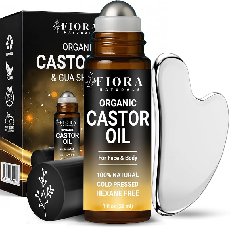 Fiora Naturals Óleo de Rícino Orgânico em Roll-On com Ferramenta Gua Sha de Aço Inoxidável, 30 mL