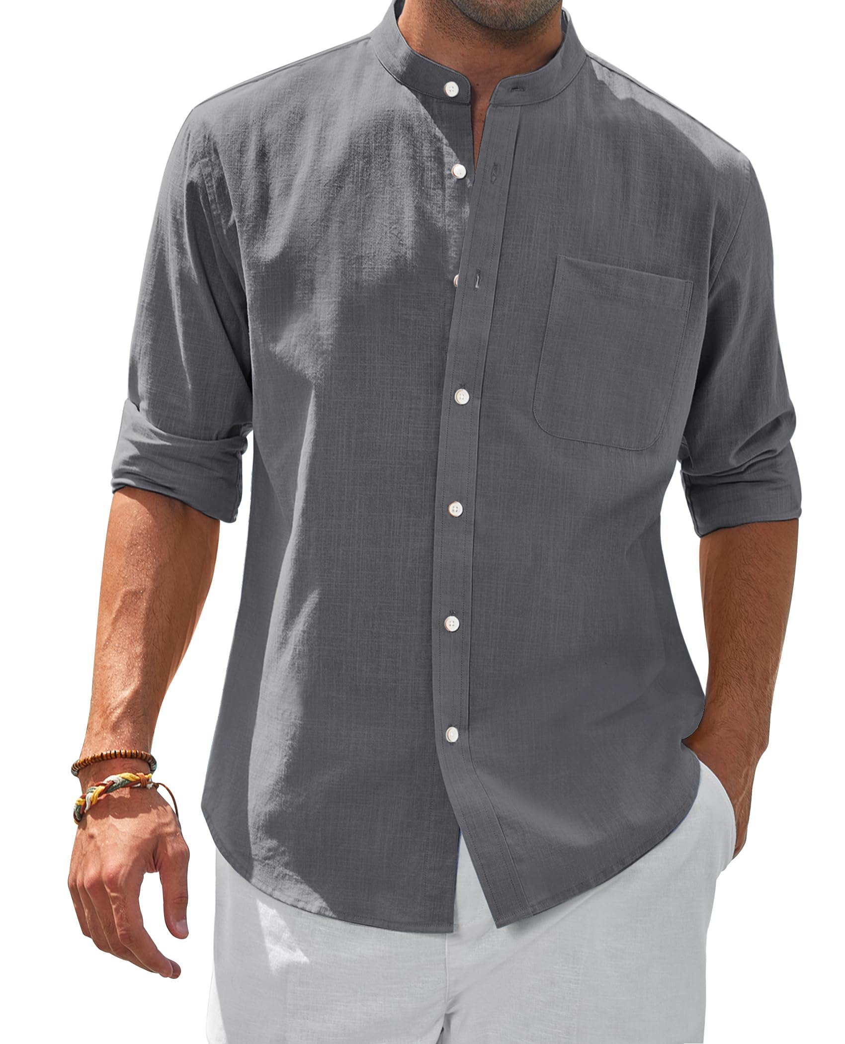siliteelon Men's Linen Shirt Long Sleeve Stand-Up Collar Linen Shirt Men's Casual Shirt Casual Regular Fit Summer Stand Shirt