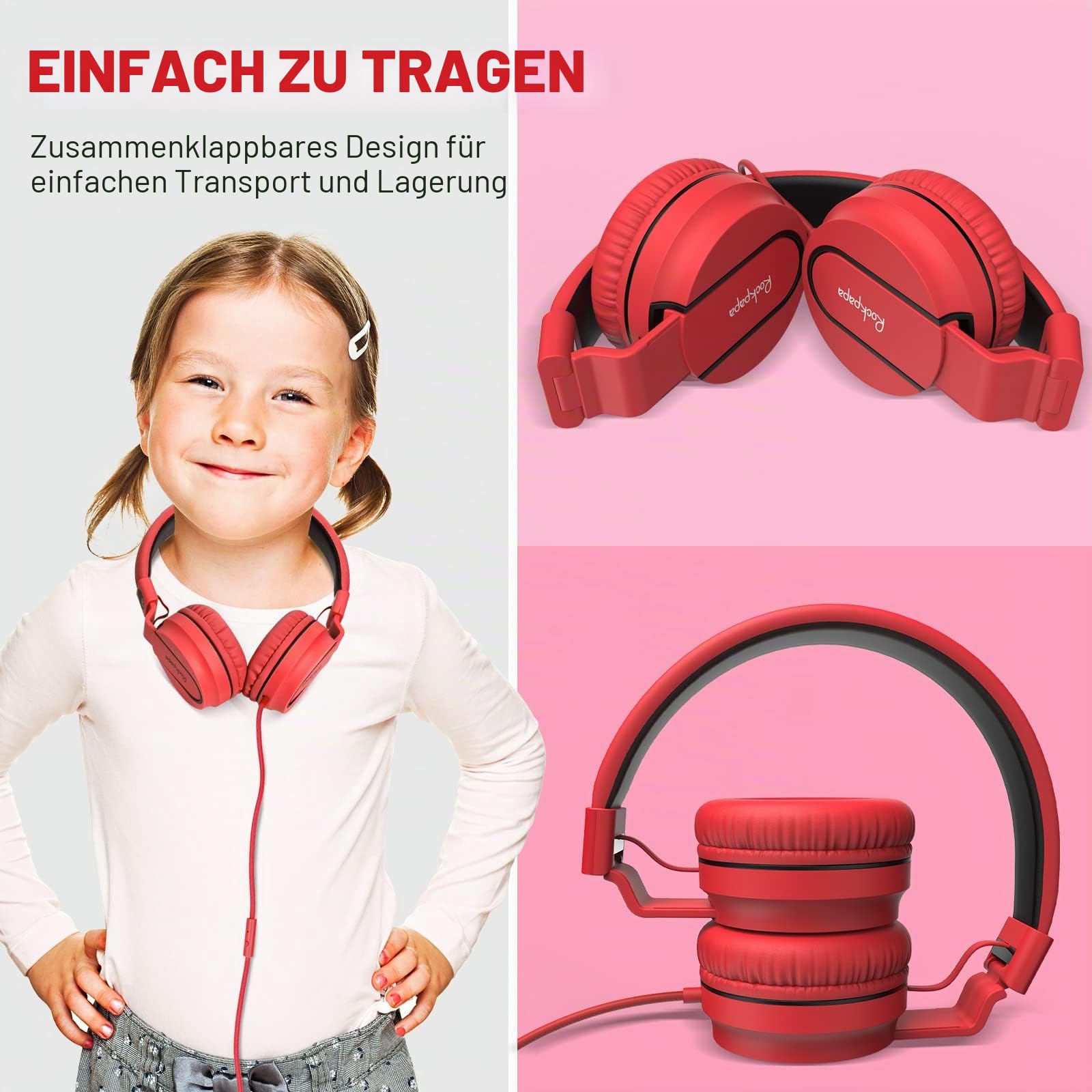 Rockpapa 952 Kinder Kopfhörer mit Kabel, Kopfhörer Kinder Mädchen, HD Mikrofon, Klinke 3.5 mm, Faltbare, On Ear Kopfhörer für Schule/Reise/Handy/Tablet/PC, Schwarz Rot