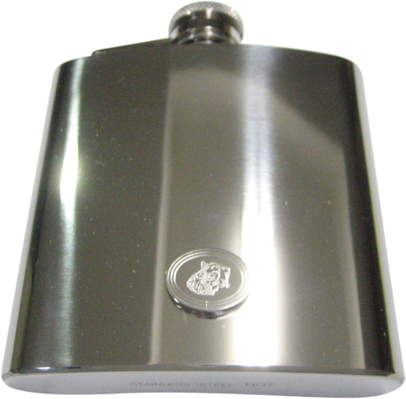 Kiola Designs Silver Toned Etched Oval Puma Head 6 Oz. Stainless Steel Flask