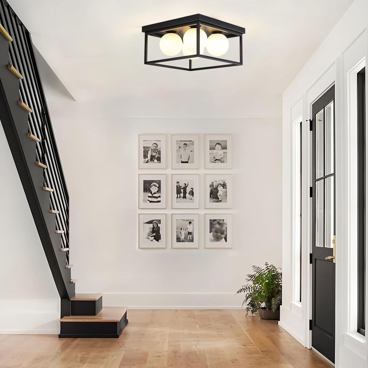 Flush Mount Ceiling Light, 12.6” Close to Ceiling Light Fixtures with Globe Glass Shade, 4-Light Black Ceiling Light Fixture for Bedroom Kitchen Hallway Living Room Dining Room Entryway